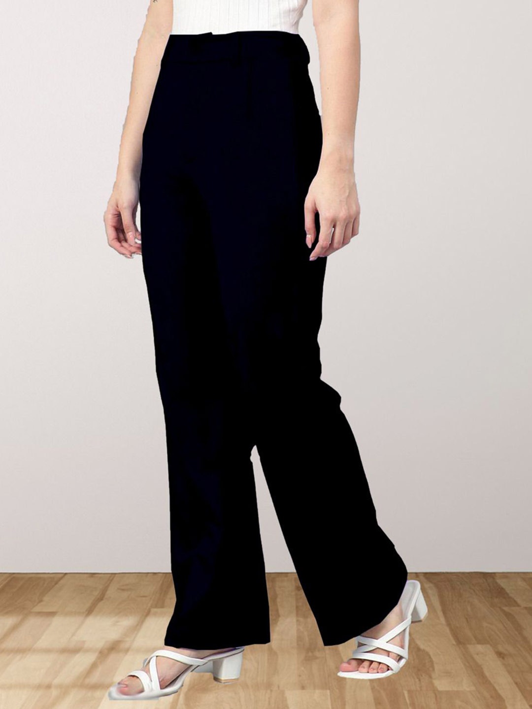 

N N ENTERPRISE Women Relaxed High-Rise Easy Wash Trousers, Black