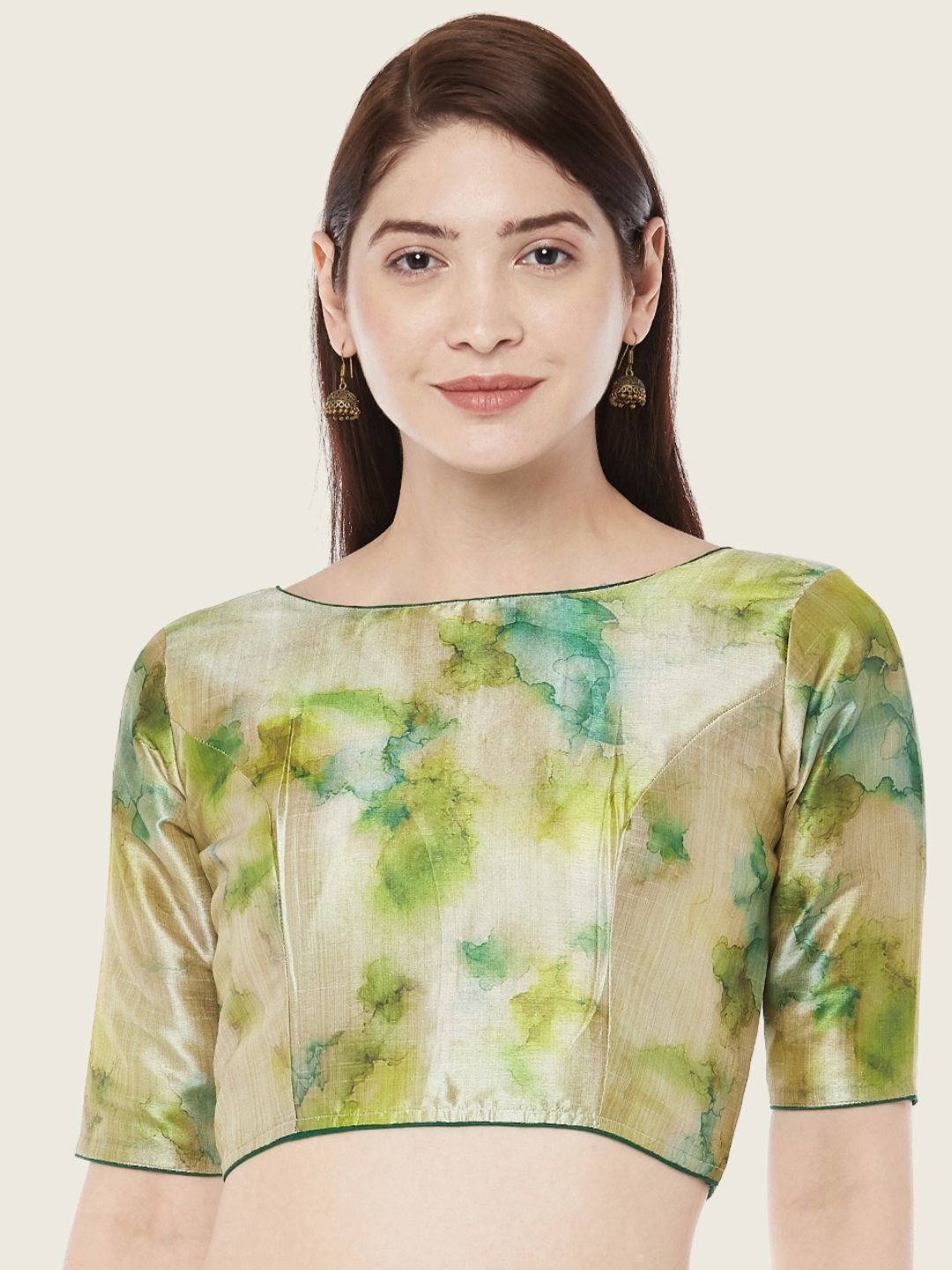 

Studio Shringaar Printed Boat Neck Short Sleeves Saree Blouse, Green