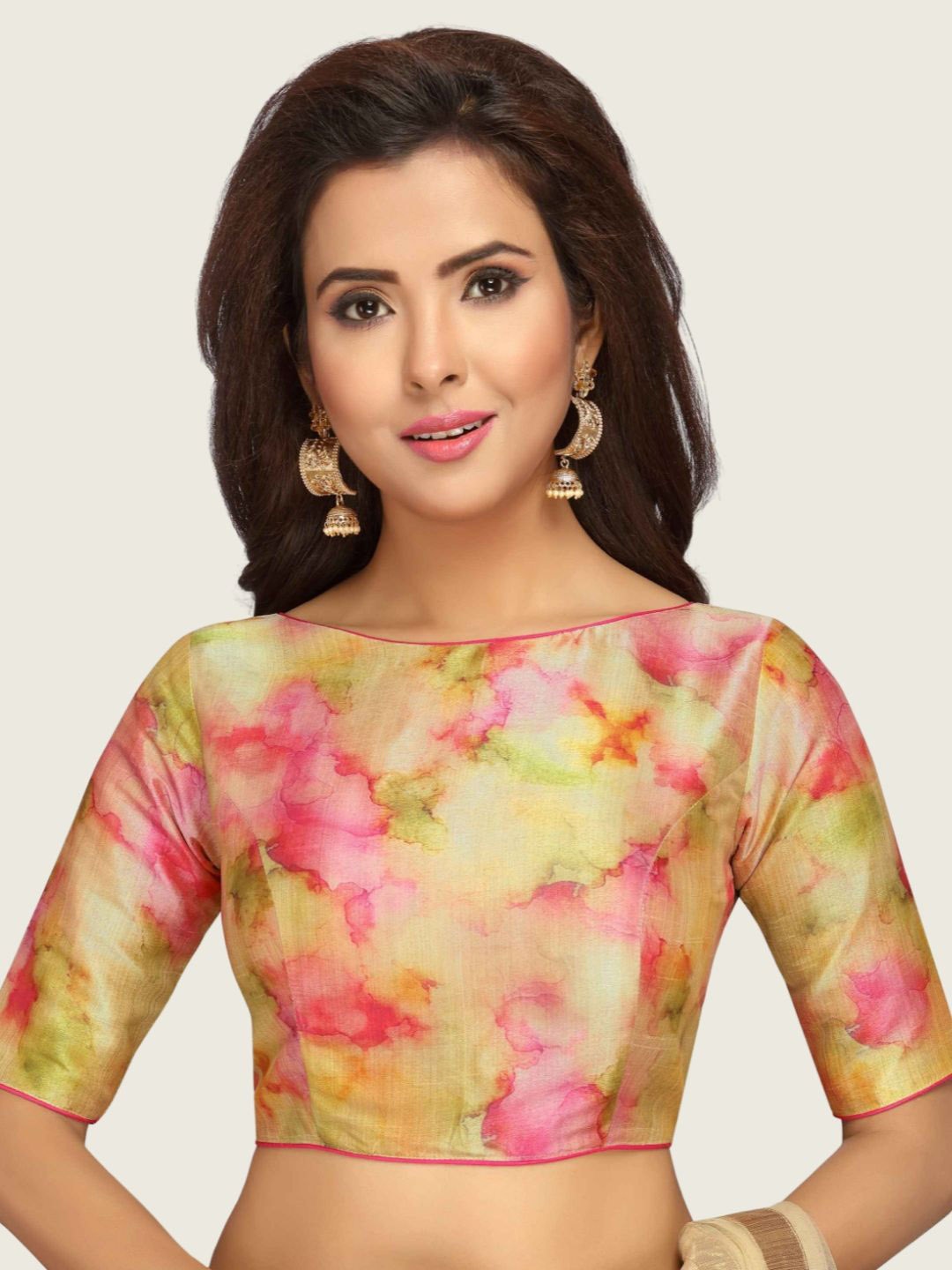 

Studio Shringaar Printed Boat Neck Short Sleeves Saree Blouse, Pink