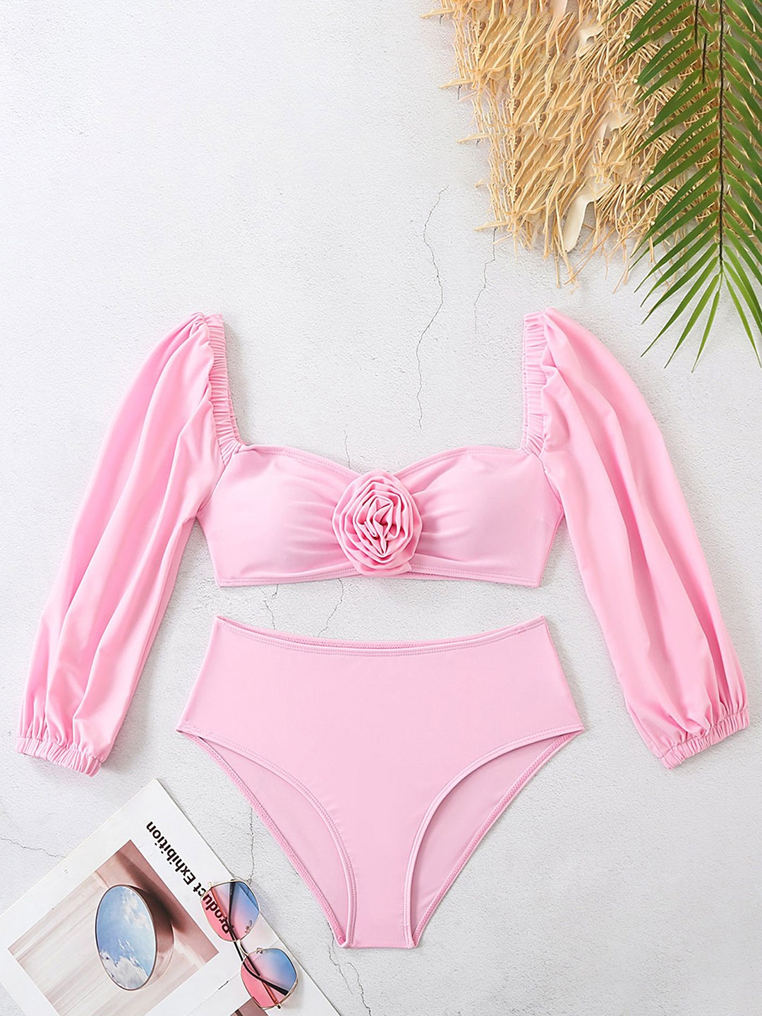

LULU & SKY Round Neck Long Sleeve Top & Bikini Brief Swim Set, Pink