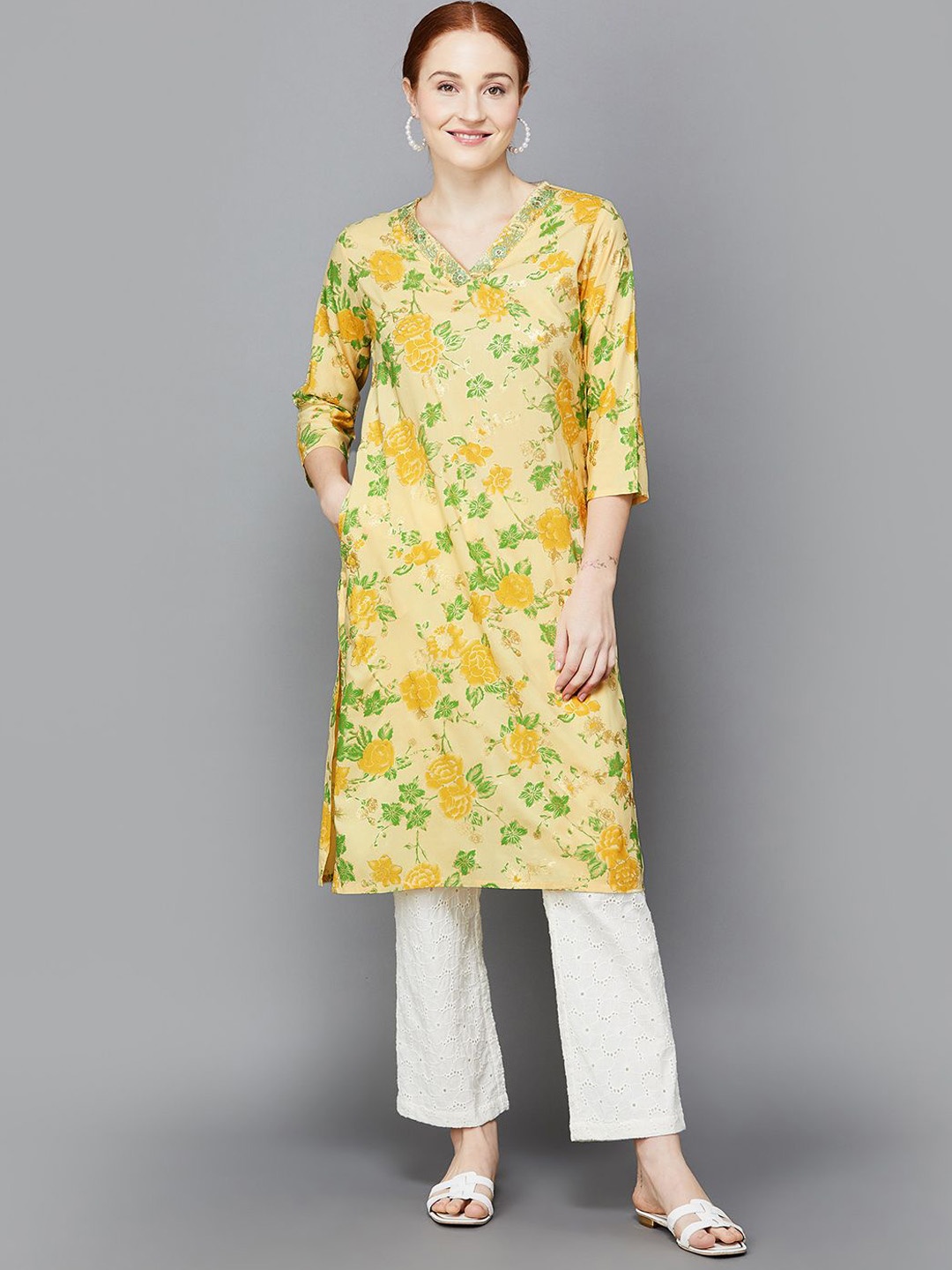 

Melange by Lifestyle Women Floral Printed Flared Sleeves Kurta, Mustard