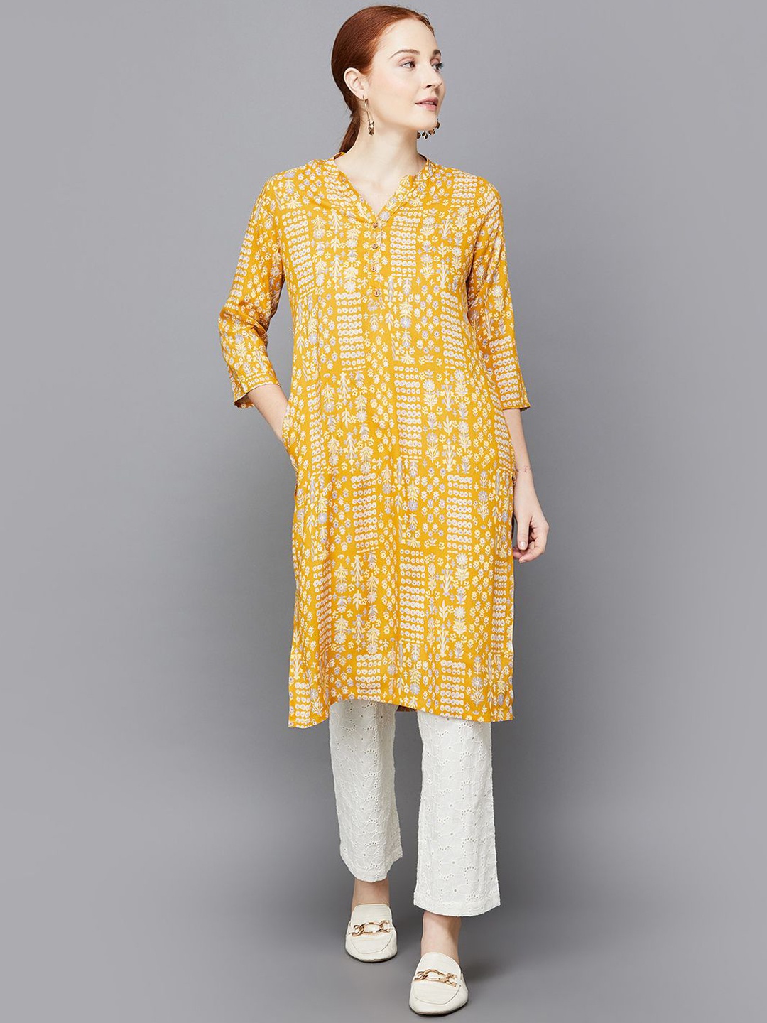 

Melange by Lifestyle Women Geometric Checked Mirror Work Kurta, Mustard