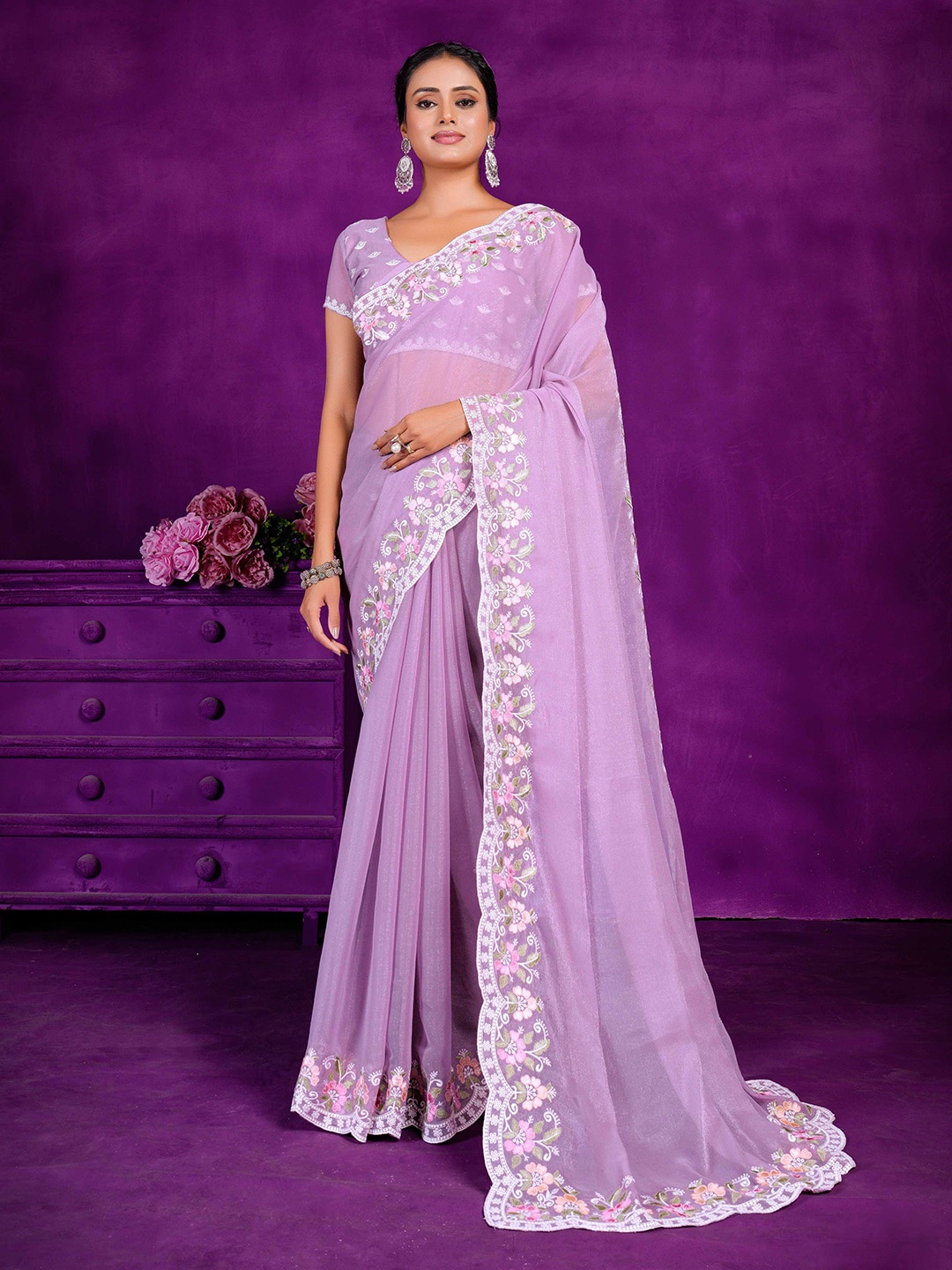 

Mitera Floral Organza Saree, Purple