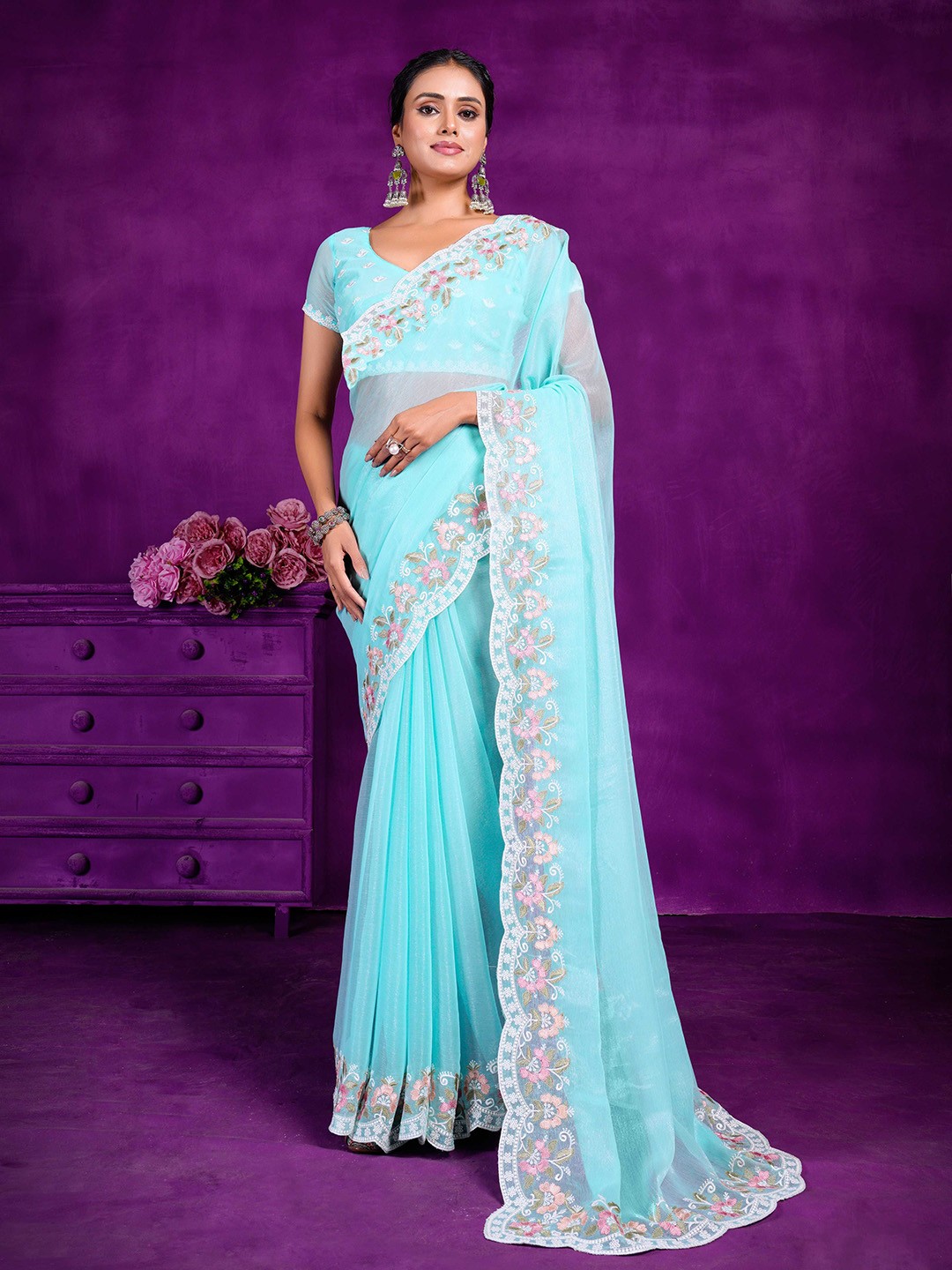 

Mitera Ethnic Motifs Embroidered Organza Saree, Blue