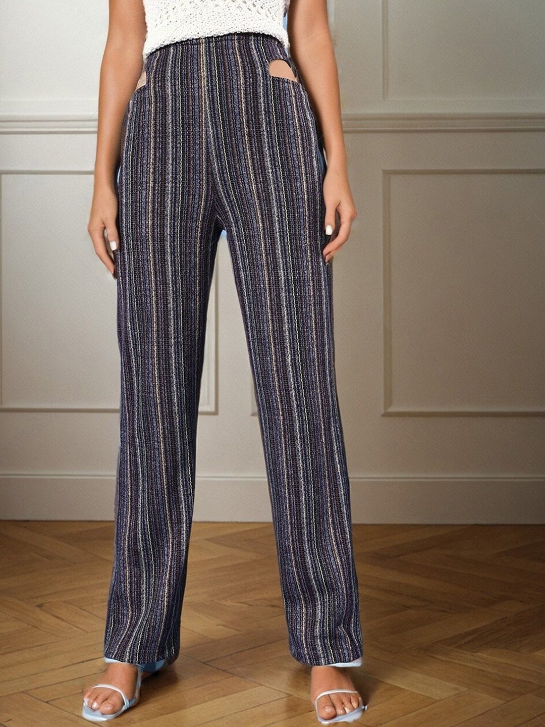 

HERSHEINBOX Women Striped High-Rise Trousers, Multi