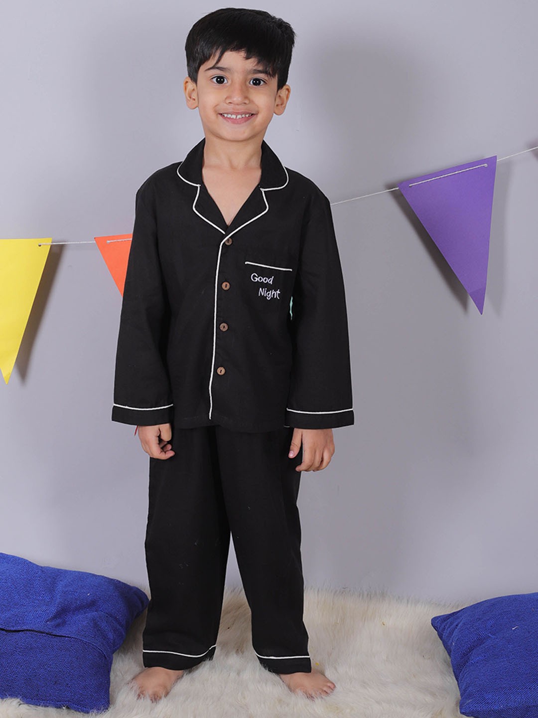 

UNBIND Boys Lapel Collar Pure Cotton Shirt With Pyjamas, Black