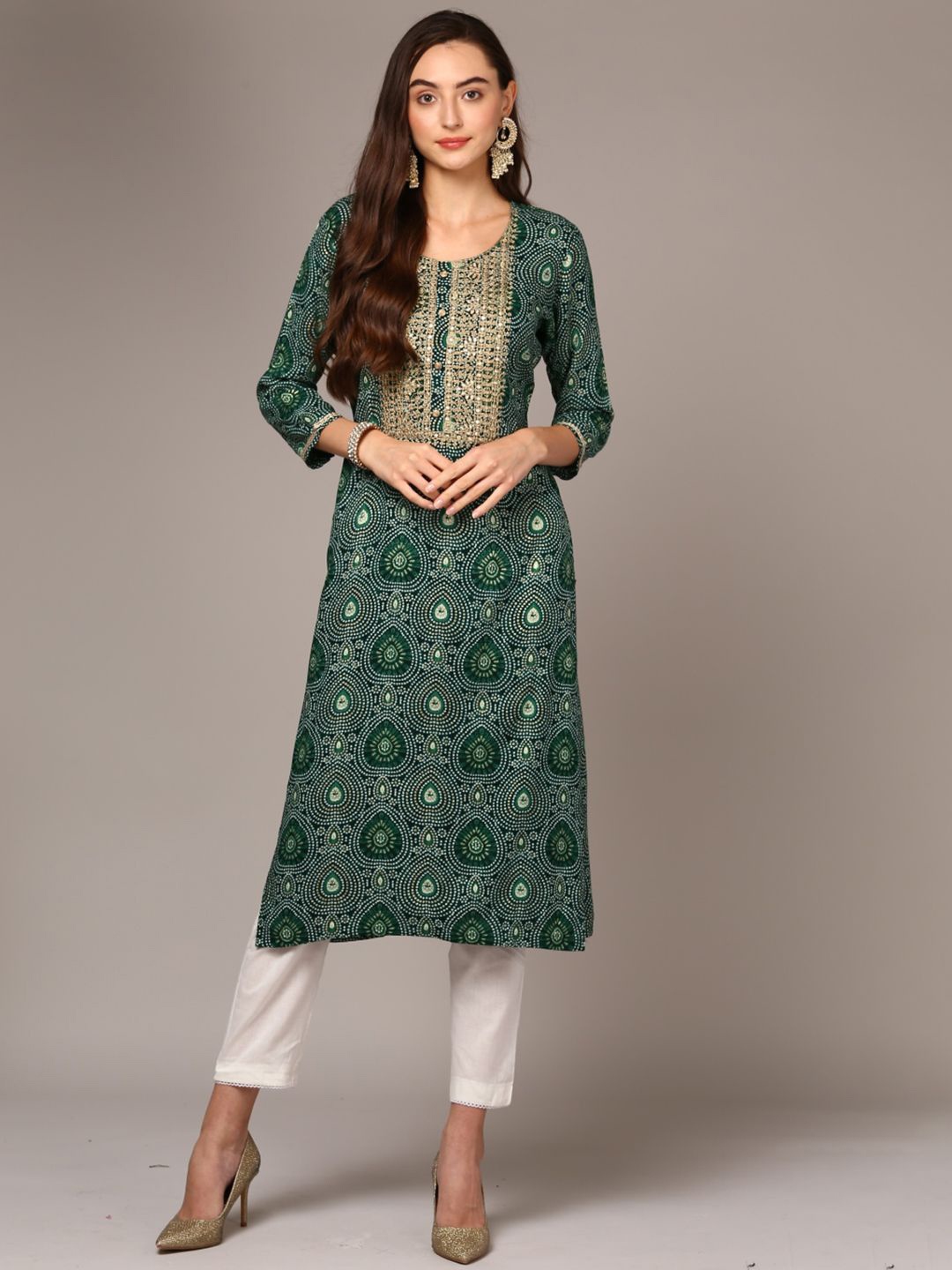 

KALINI Women Ethnic Motifs Printed Sequinned Kurta, Green