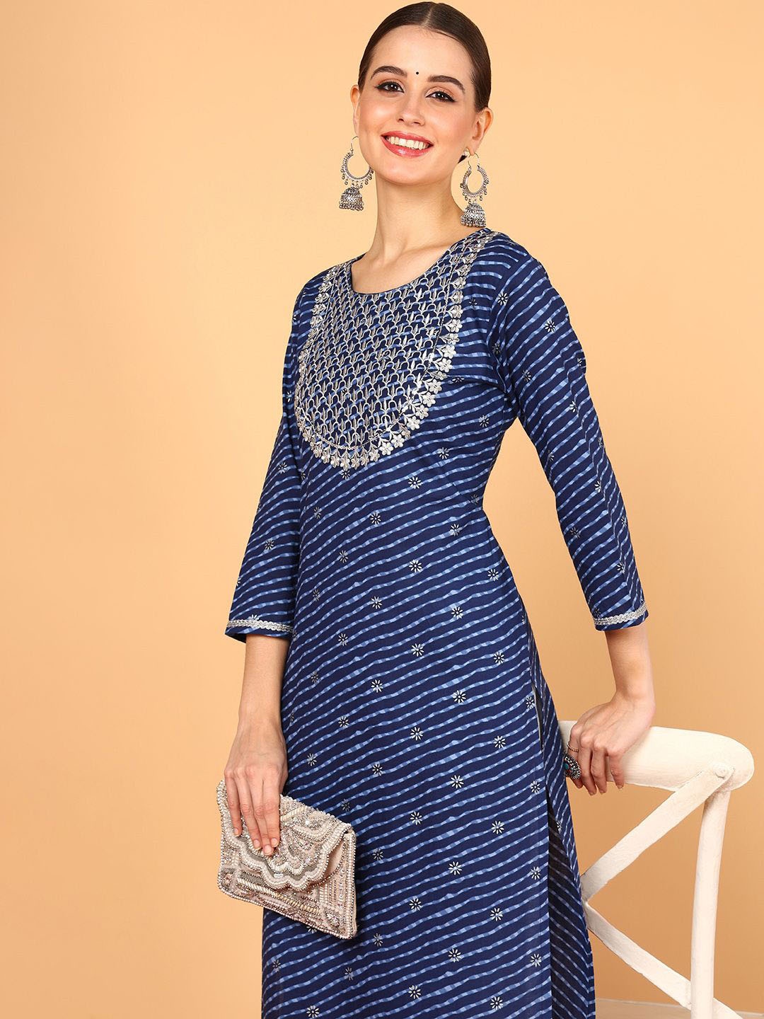 

KALINI Women Chevron Yoke Design Thread Work Kurta, Navy blue