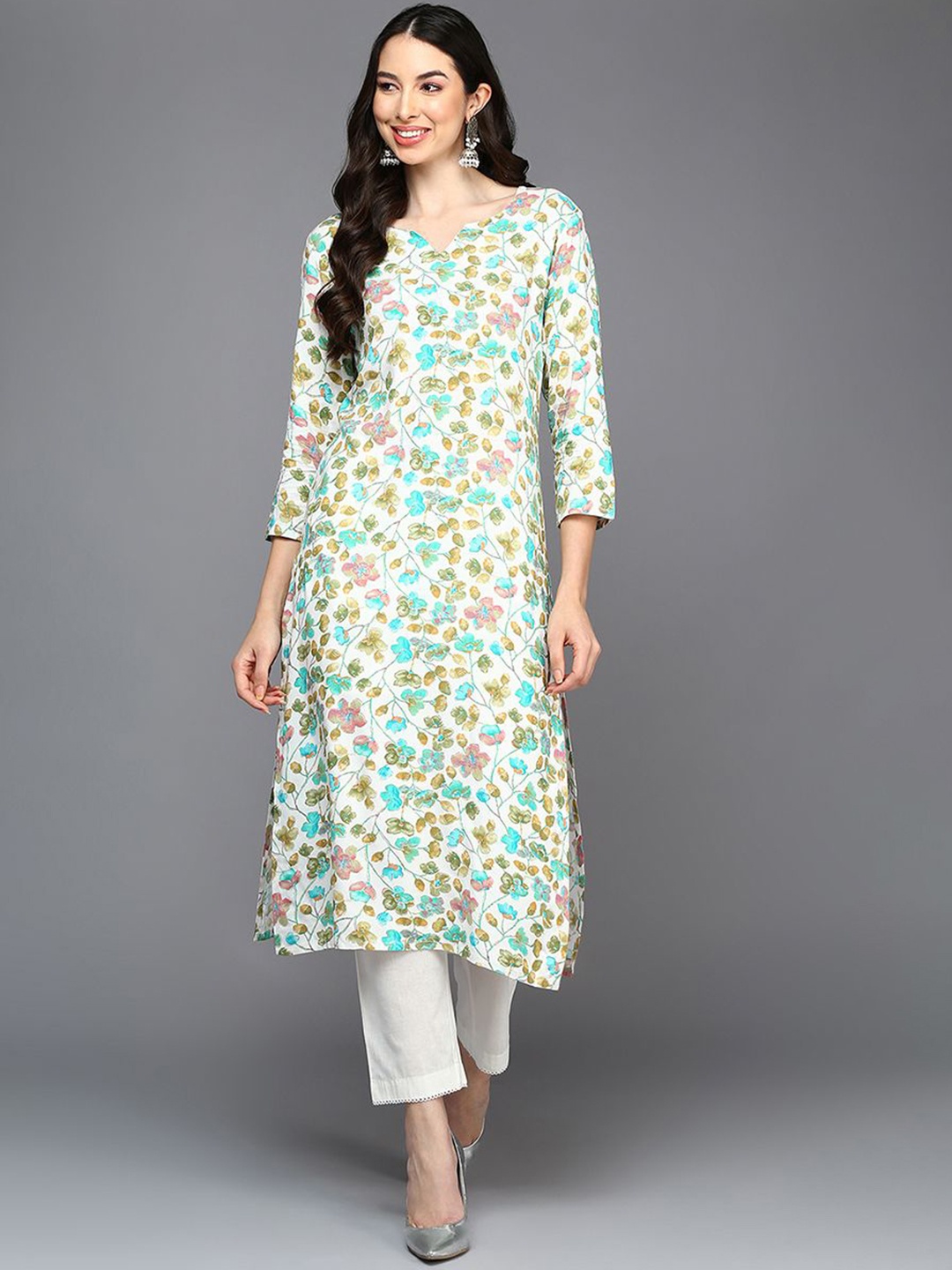 

KALINI Women Floral Printed Flared Sleeves Sequinned Kurta, White