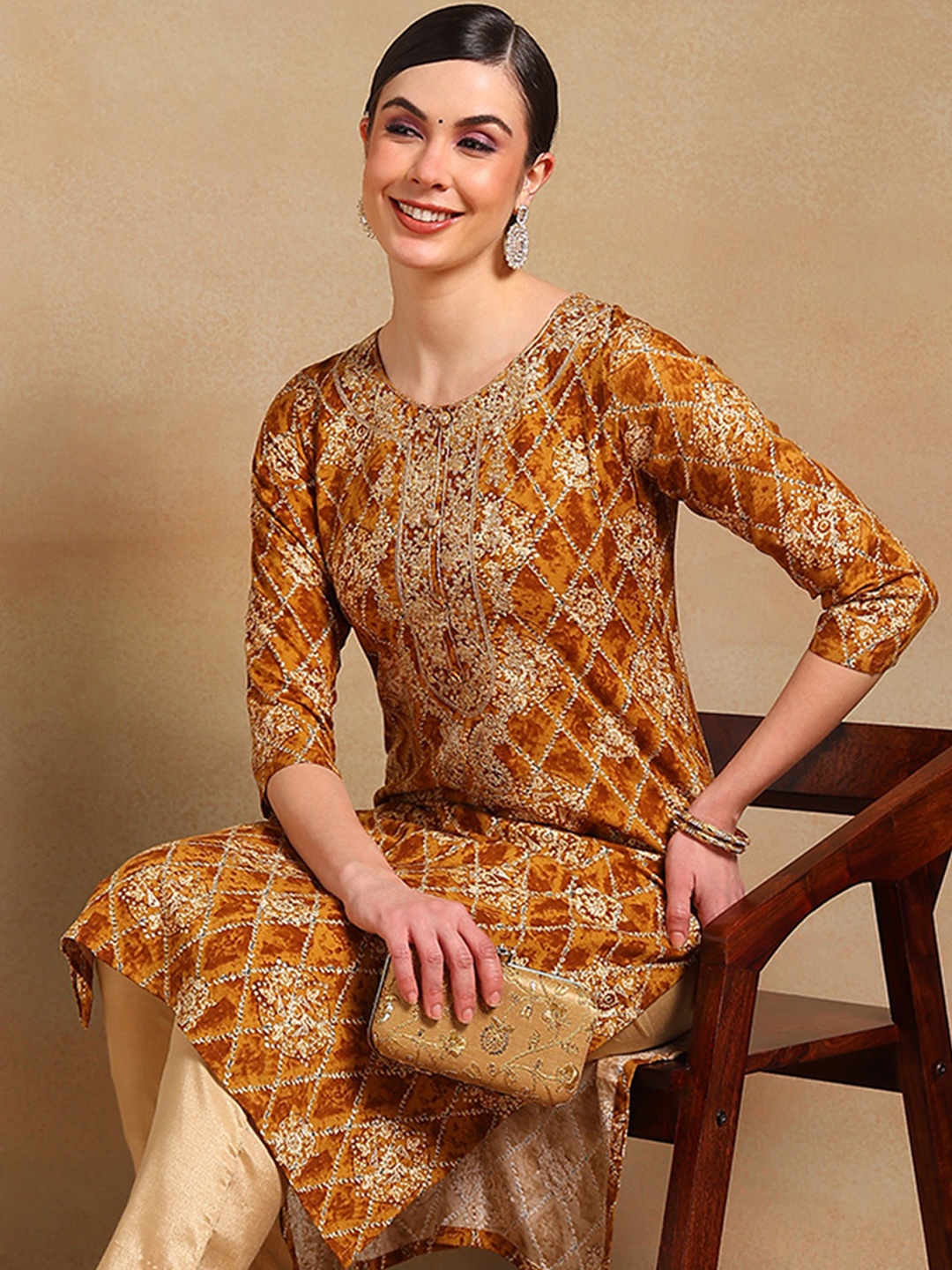 

KALINI Floral Embroidered Printed Thread Work Straight Kurta, Orange