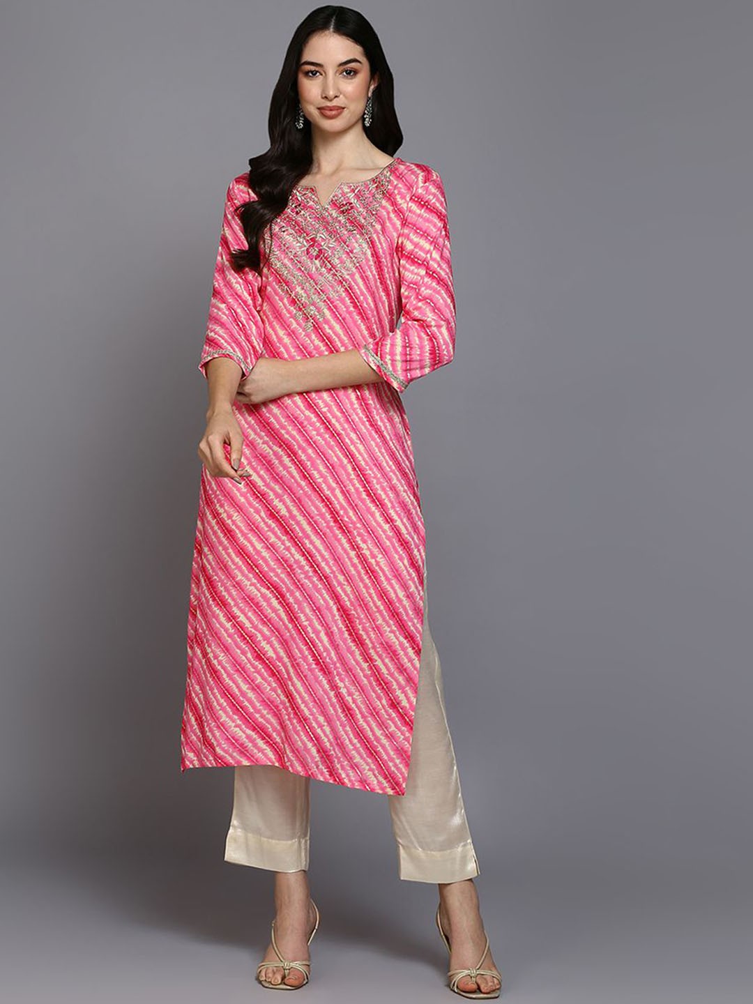 

KALINI Women Striped Flared Sleeves Mirror Work Kaftan Kurta, Pink