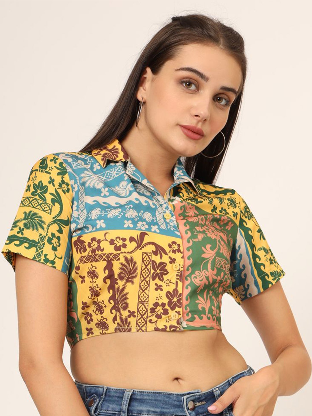 

CHARMGAL Print Crepe Crop Top, Yellow
