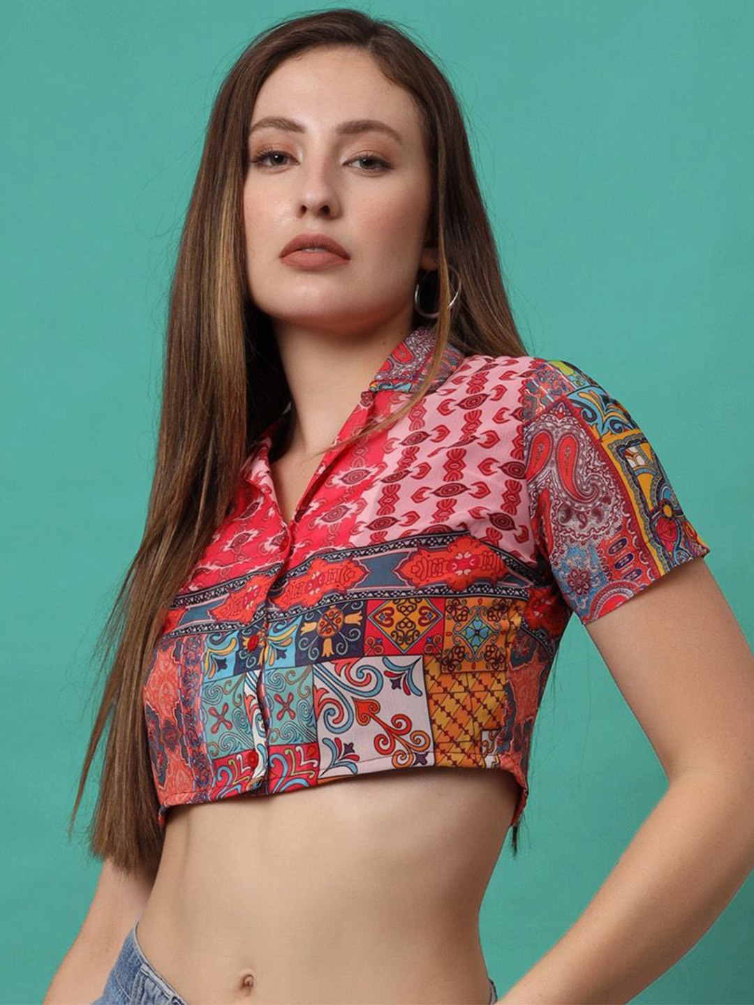

CHARMGAL Floral Print Ethnic Georgette Shirt Style Crop Top, Multi