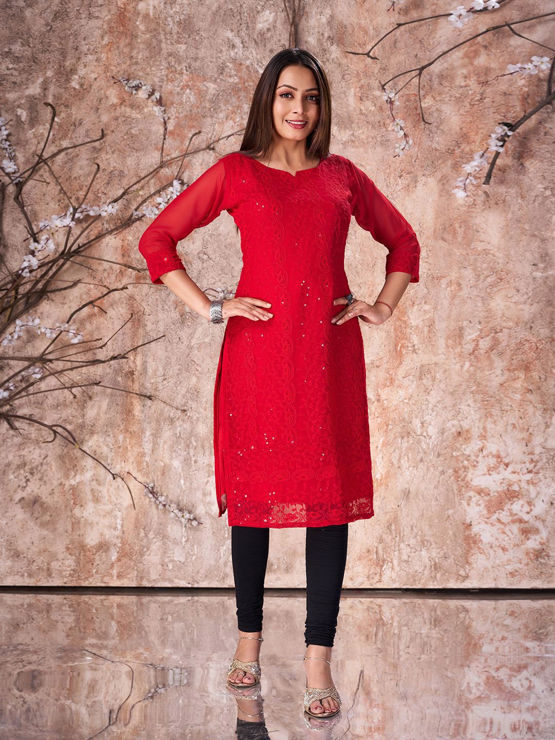 

Fashion FRICKS Notch Neck Embroidered Chikankari Straight Kurta, Red