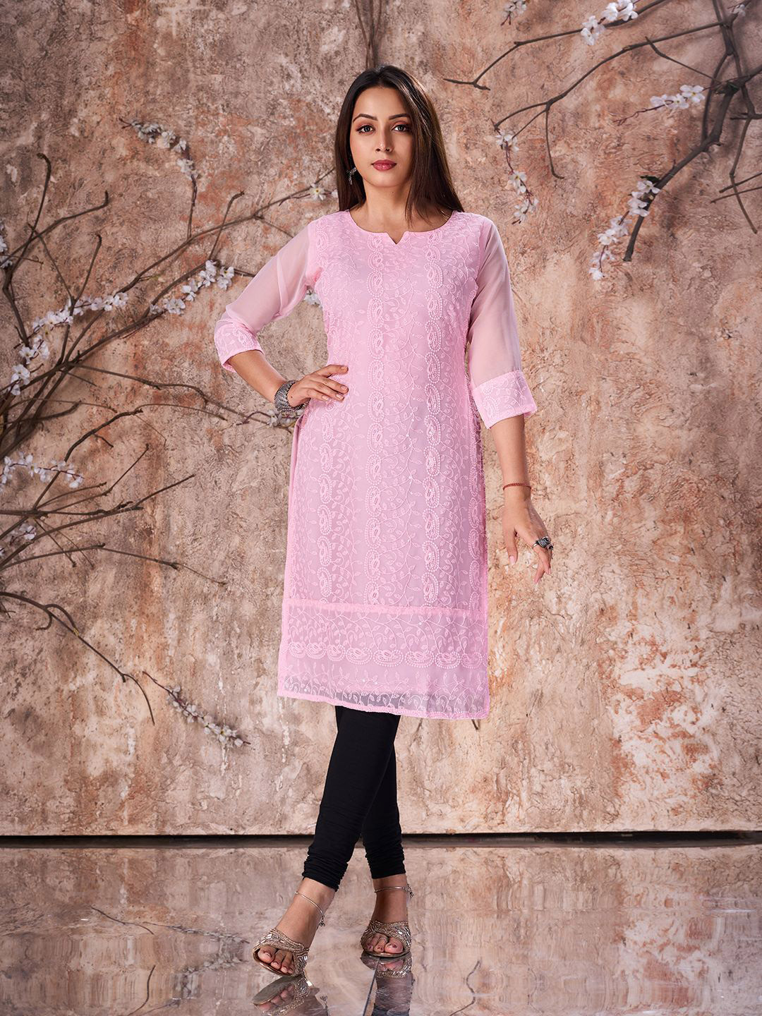 

Fashion FRICKS Notch Nek Embroidered Chikankari Straight Kurta, Pink