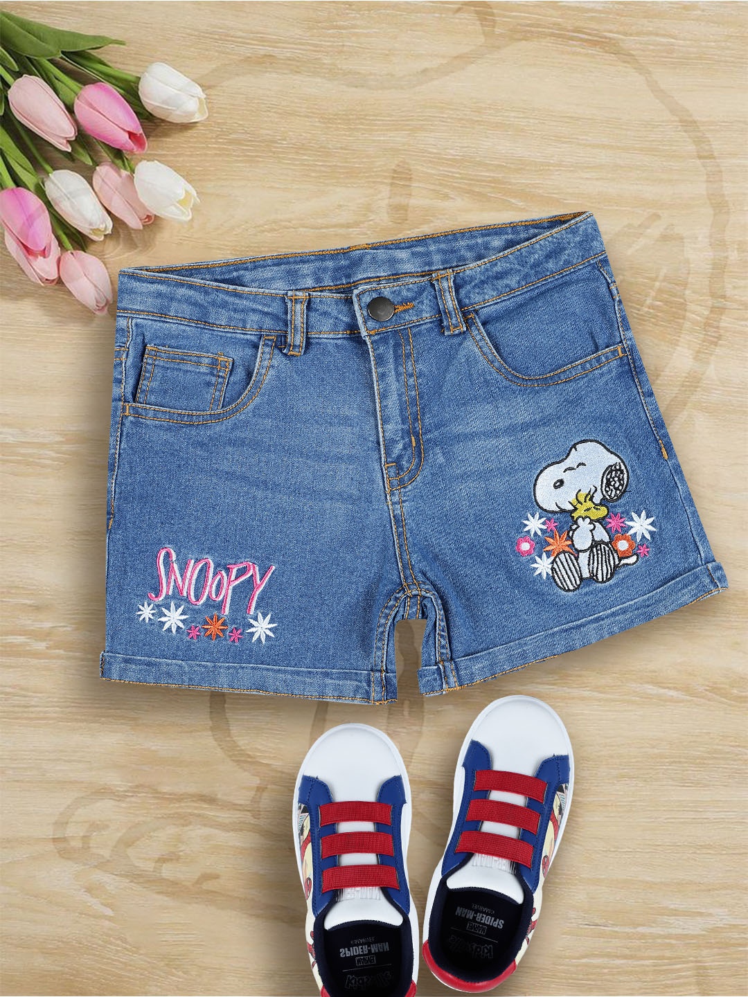 

Kids Ville Girls Peanuts Printed Regular Fit Denim Shorts, Blue