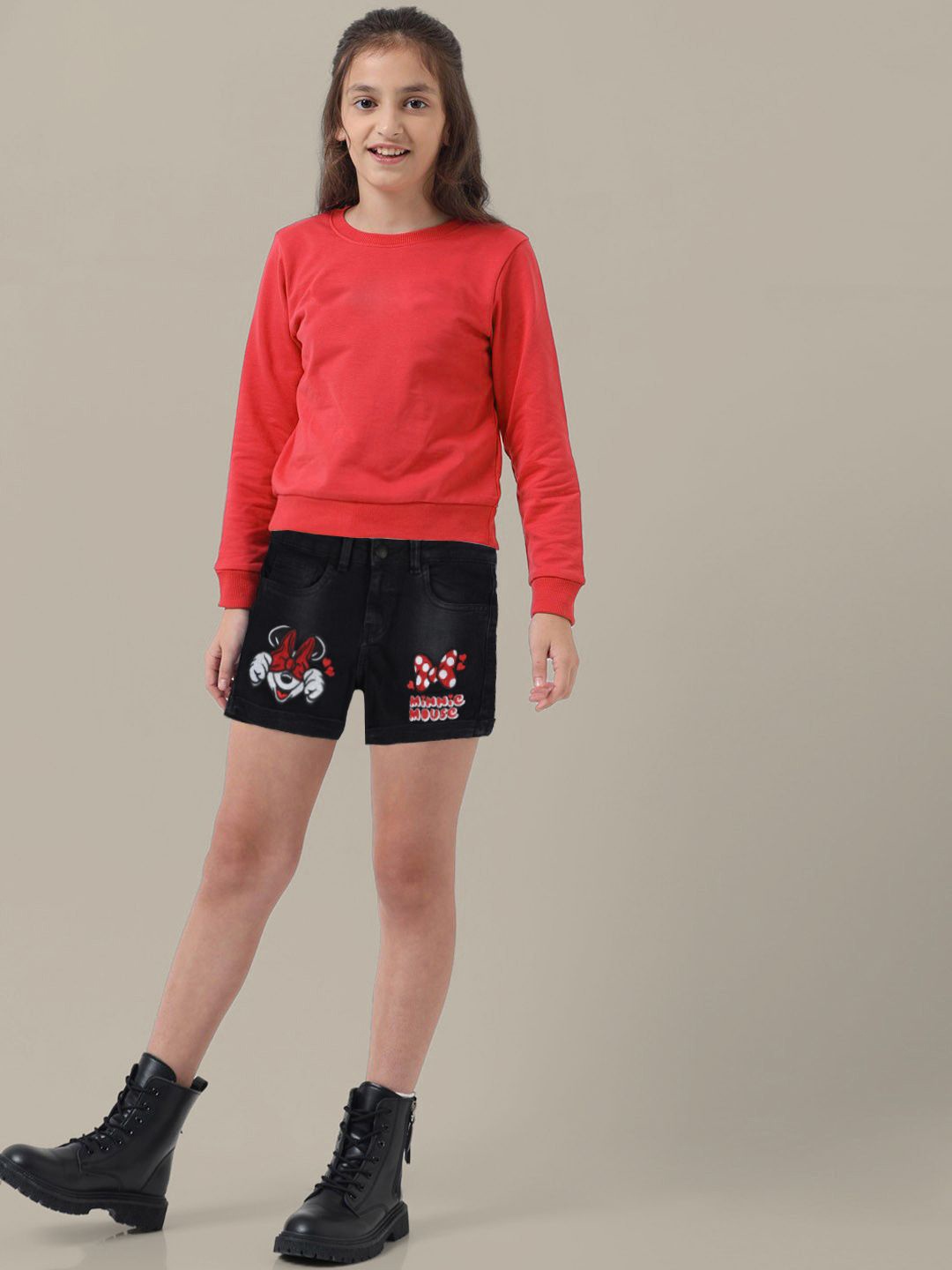 

Kids Ville Girls Mickey & Friends Printed Regular Fit Denim Shorts, Grey