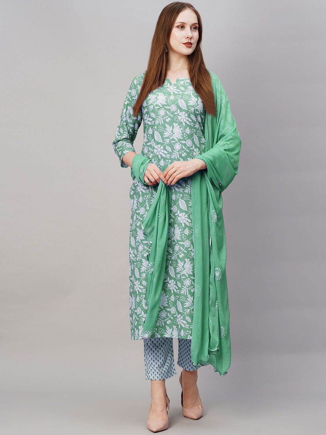 

KALINI Floral Printed Notched Neck Straight Kurta With Trousers & Dupatta, Green
