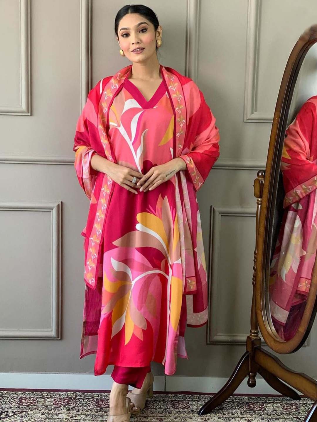 

KALINI Floral Printed Regular Kurta with Trousers & Dupatta, Pink