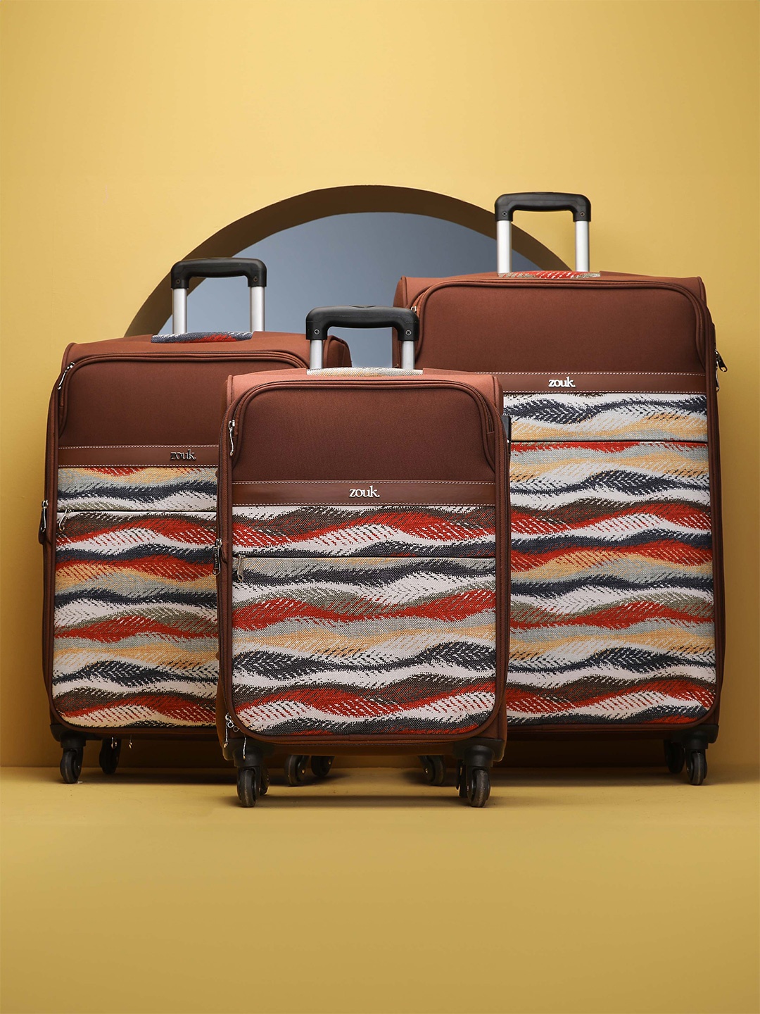 

ZOUK Jaisalmer Dunes Set of 3 Avasa Printed Trolley Bags-Cabin, Medium & Large, Brown