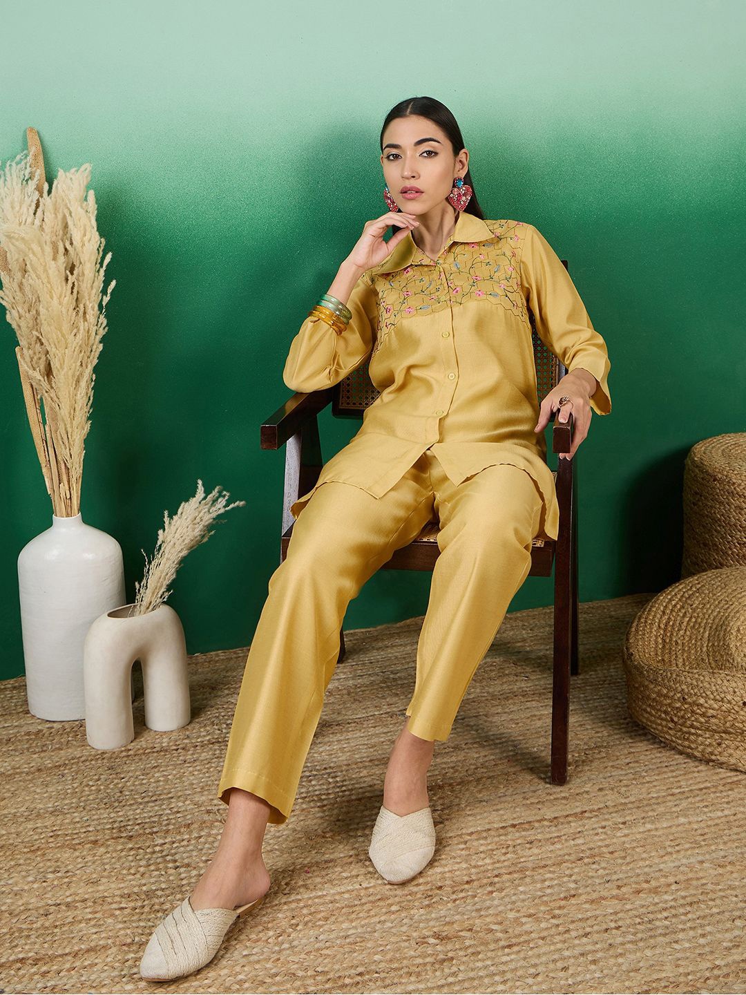 

Sangria Yellow Floral Embroidered Shirt & Trousers Co-Ords