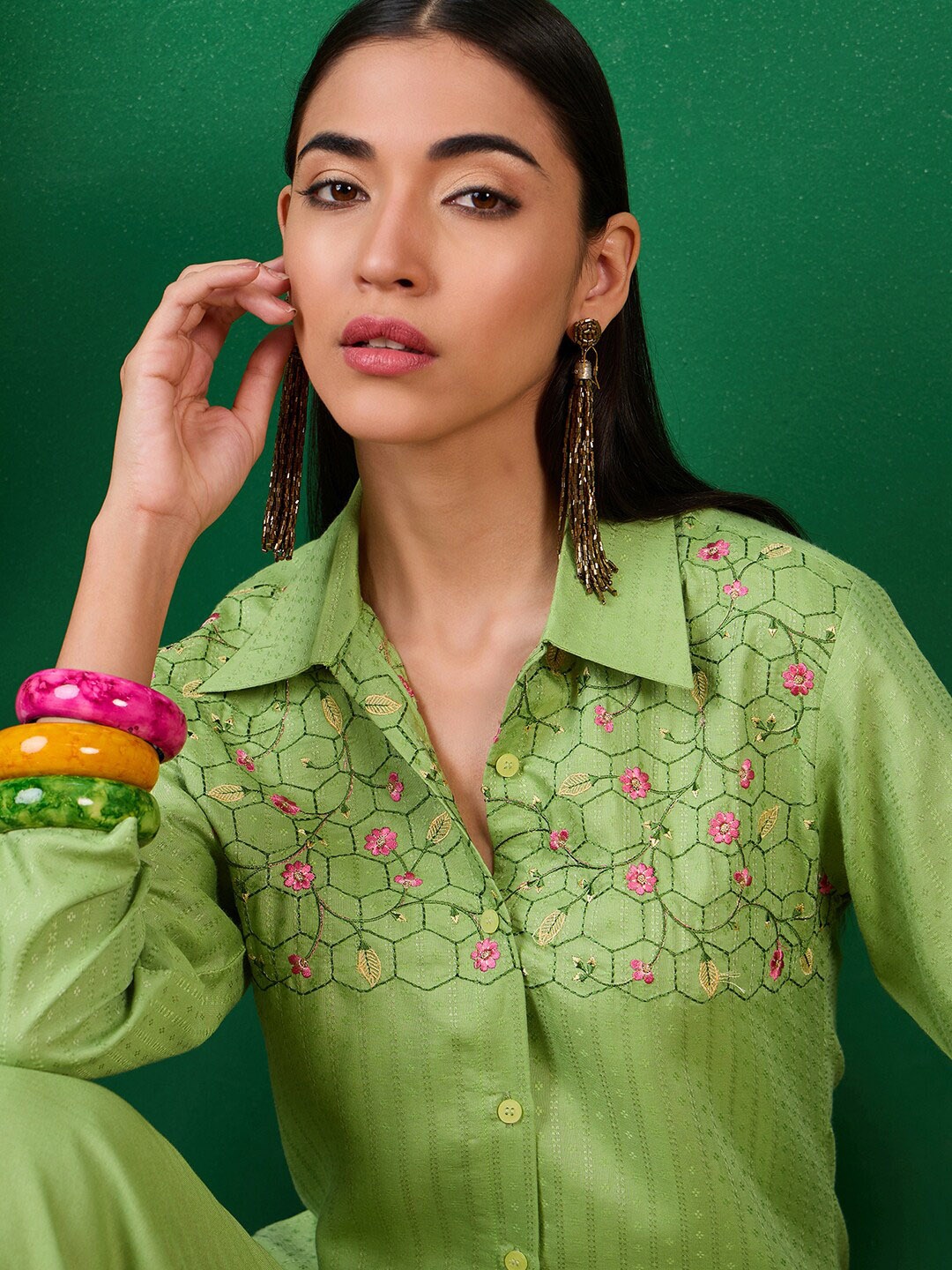 

Sangria Green Floral Embroidered Shirt & Trousers Co-Ords