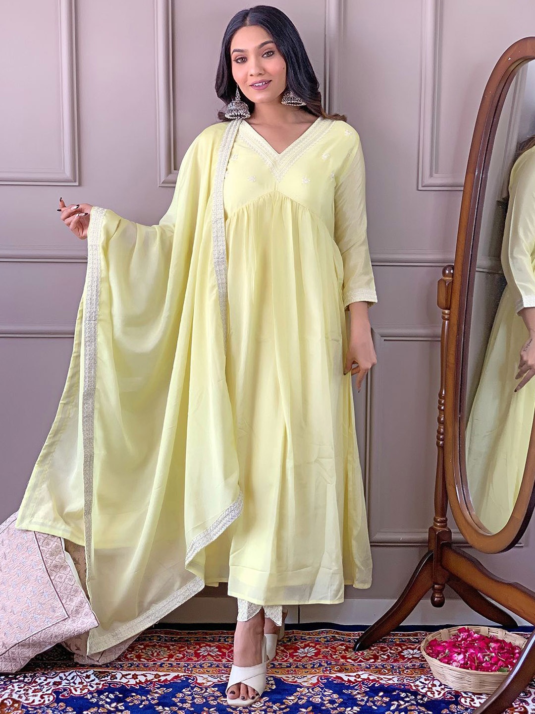 

KALINI Floral Embroidered Empire A-Line Kurta With Trouser & Dupatta, Yellow