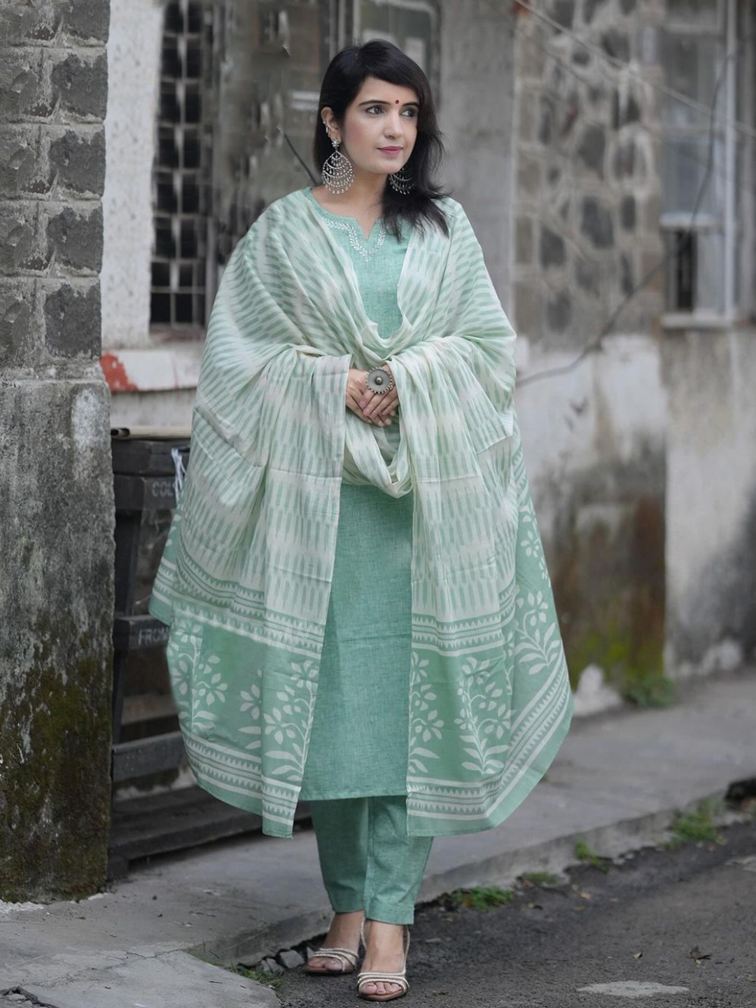 

Anni Designer Round Neck Kurta with Trousers & Dupatta, Sea green