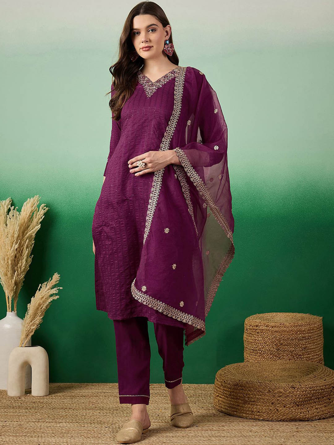 

Sangria Magenta Floral Embroidered V-Neck A-Line Kurta With Trouser & Dupatta