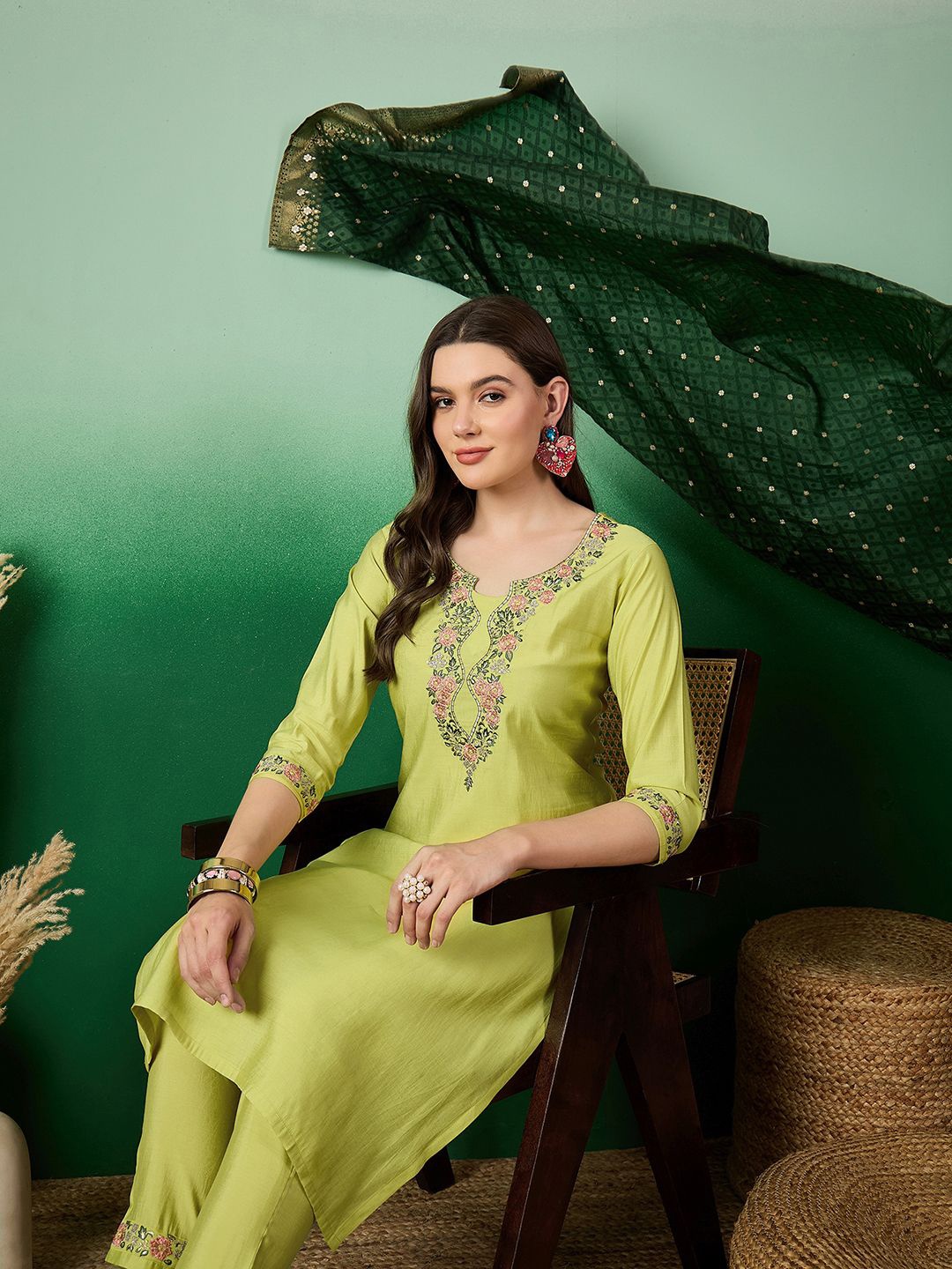 

Sangria Mustard Yellow Floral Embroidered A-Line Kurta With Trouser & Dupatta