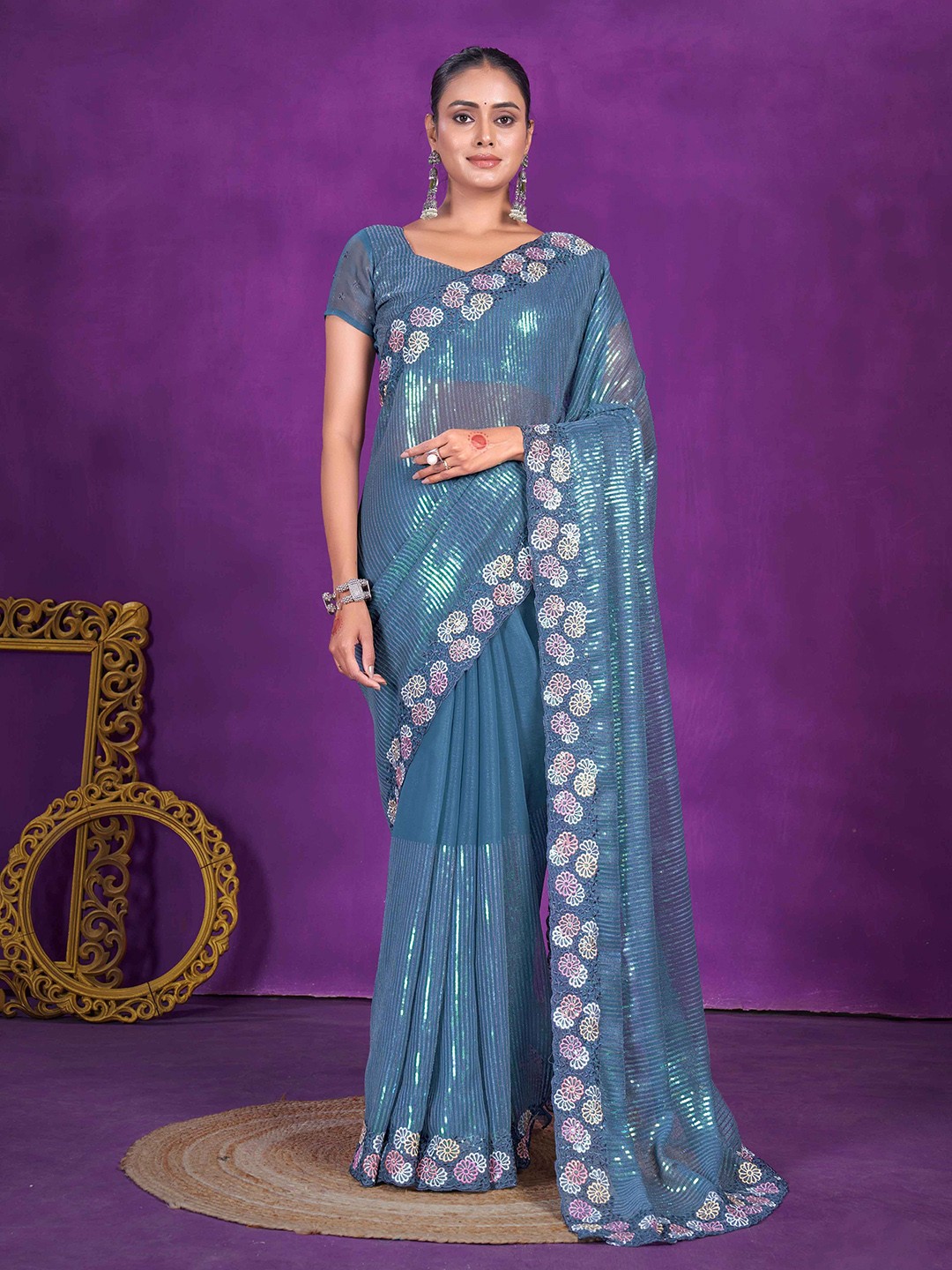 

Mitera Embellished Sequinned Organza Saree, Blue