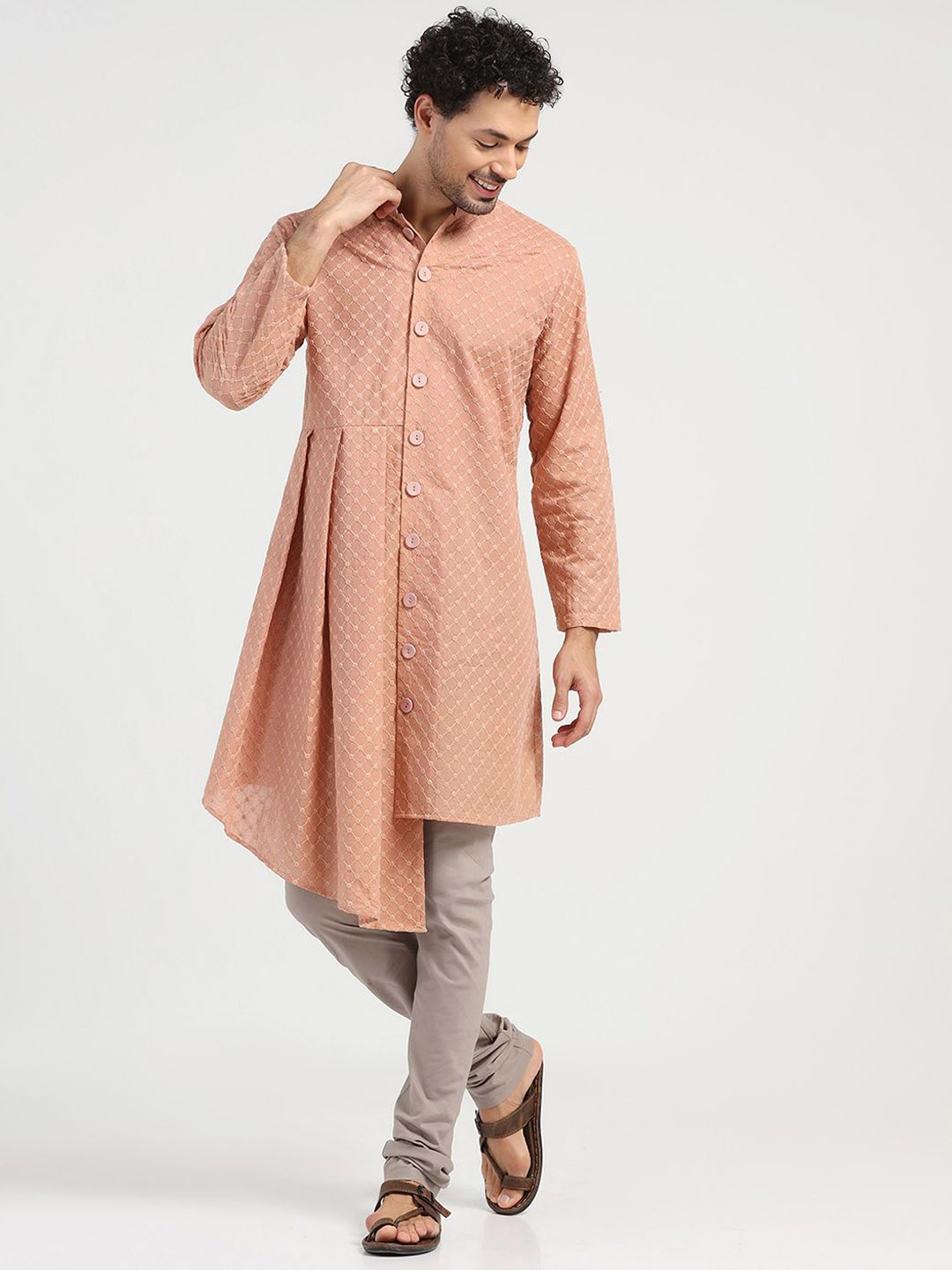 

LELA Men Thread Work Anarkali Kurta, Peach