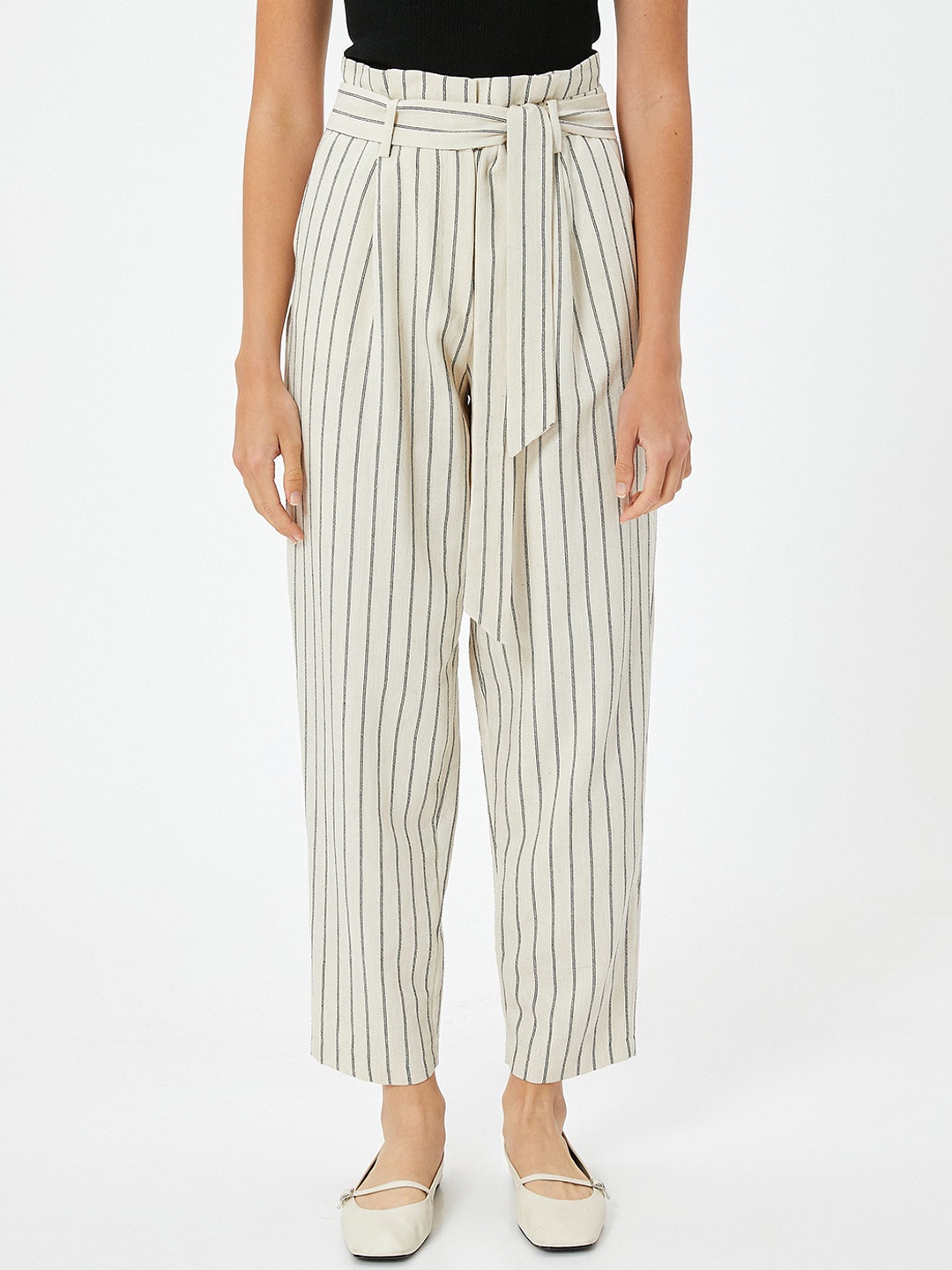 

Koton Women Striped High-Rise Trousers, Off white