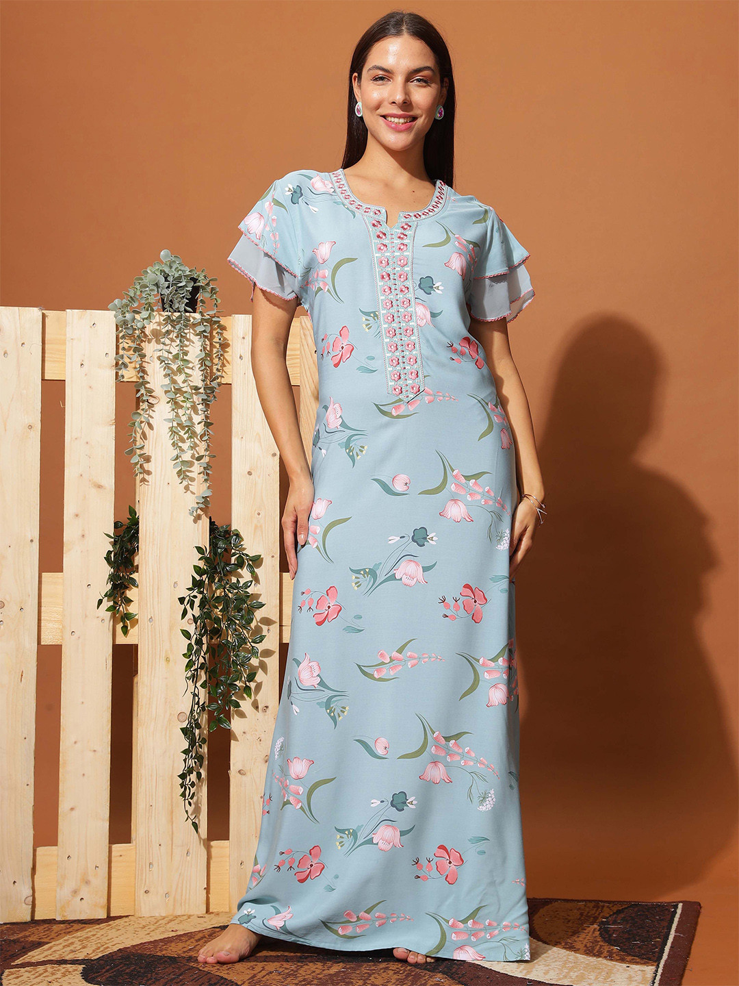 

9shines Label Floral Printed Maxi Nightdress, Turquoise blue
