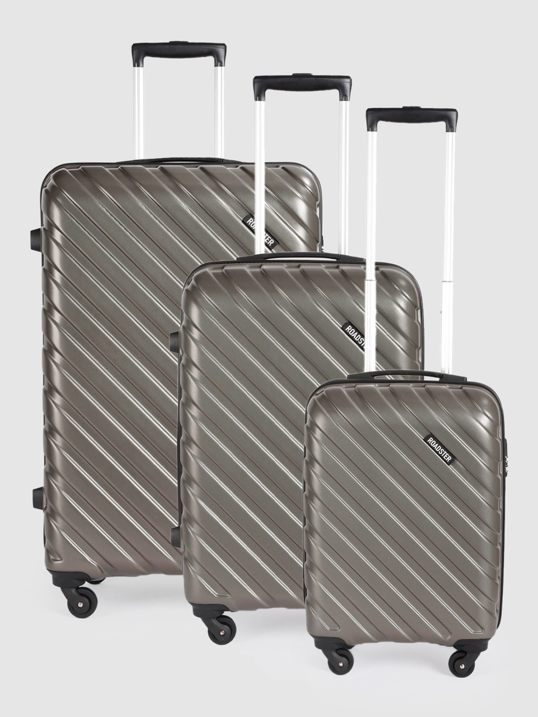 

Roadster Xtreme Set Of 3 Hard-Sided Self Striped Trolley Suitcases - Cabin, Medium & Large, Grey