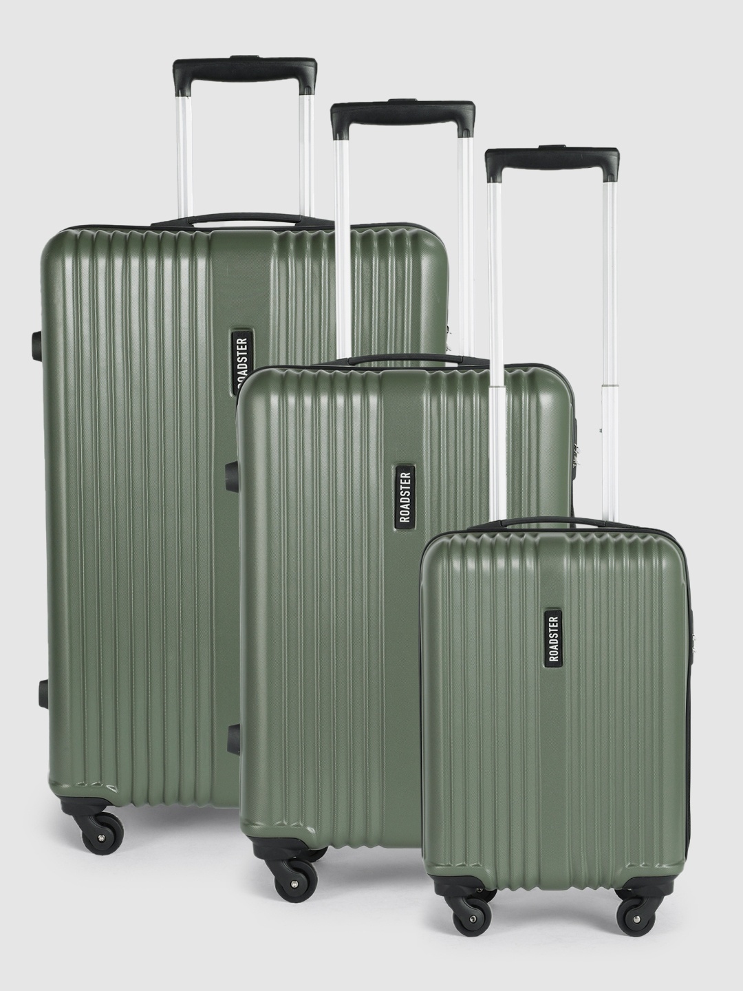 

Roadster String Textured Set of 3 Trolley Suitcases - Cabin, Medium & Large, Olive