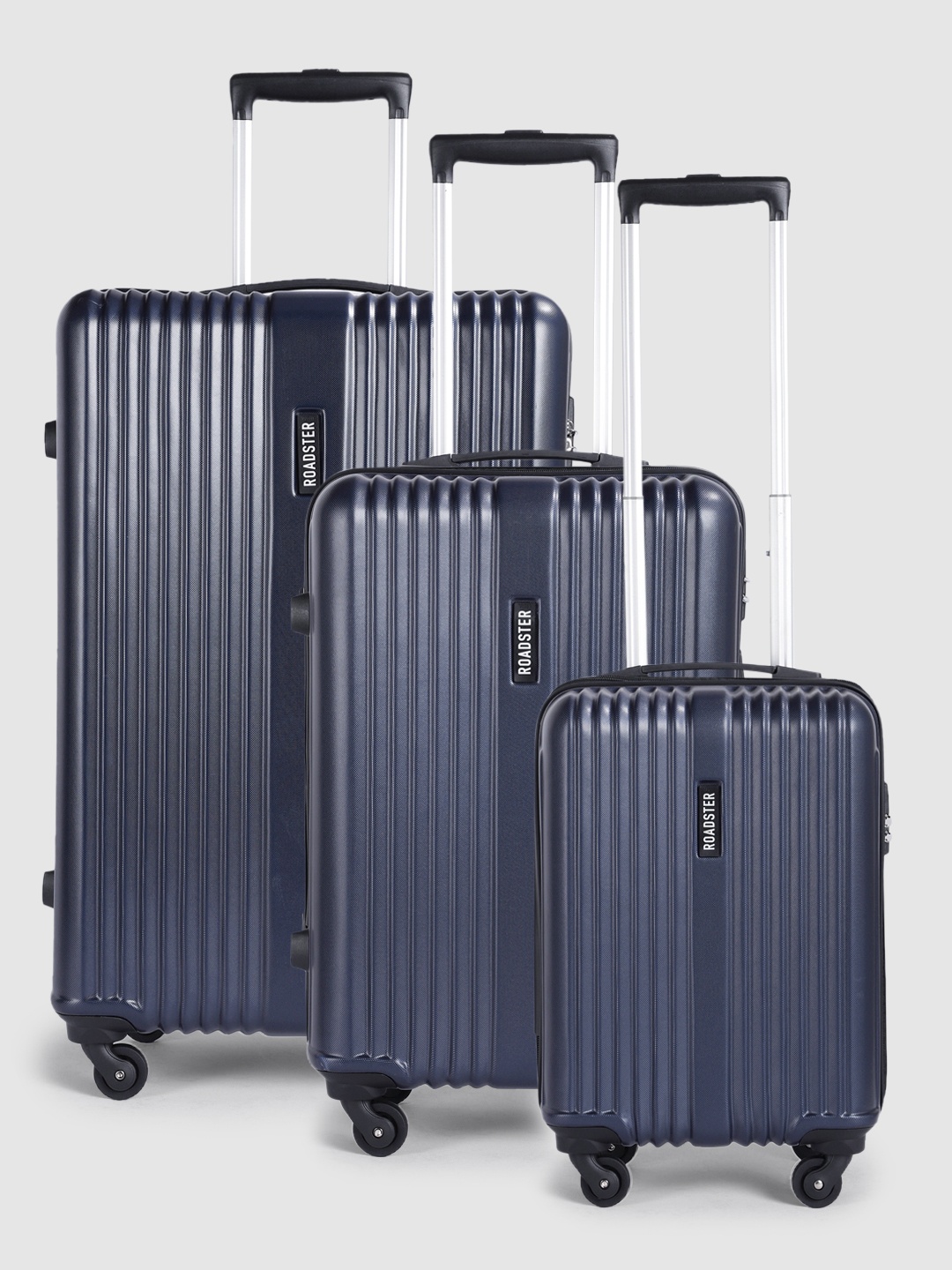 

Roadster String Set of 3 360-Degree Rotation Trolley Suitcases - Cabin, Medium & Large, Navy blue