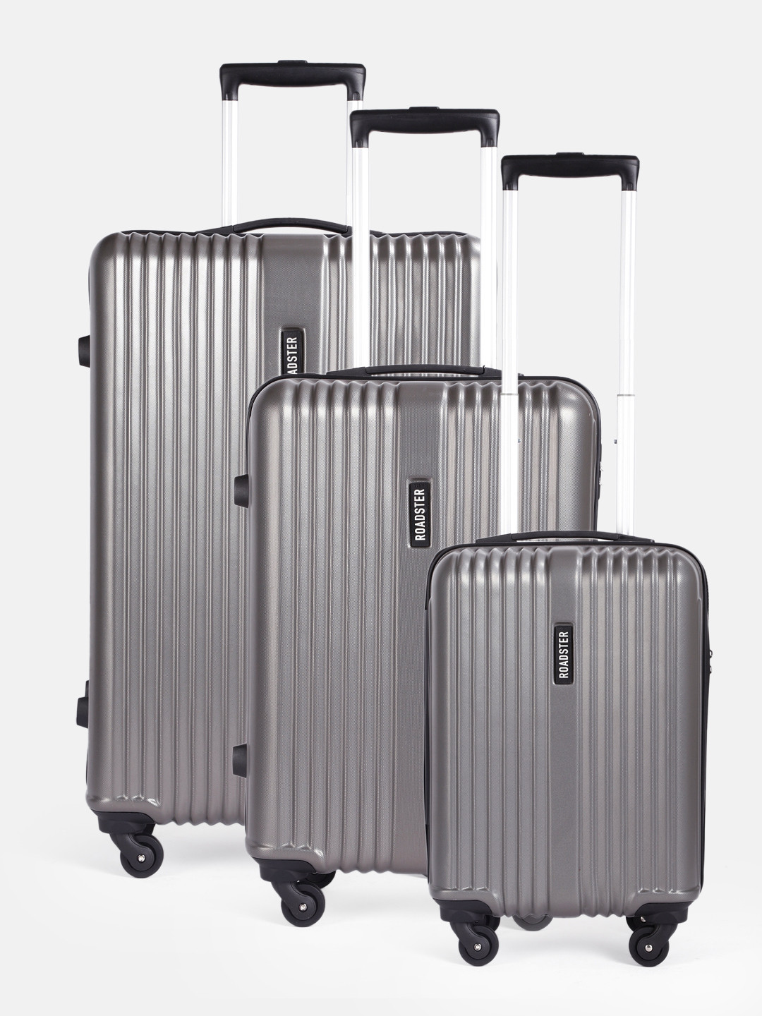 

Roadster String Set Of 3 Hard-Sided Self Striped Trolley Suitcases - Cabin, Medium & Large, Grey