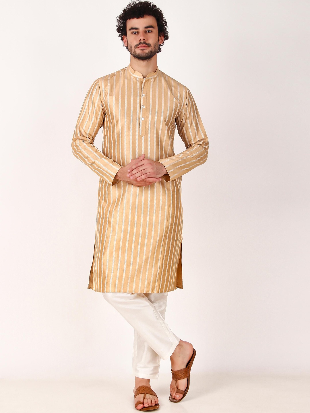 

Koshin Striped Mandarin Collar Regular Thread Work Straight Kurta With Pyjamas, Beige