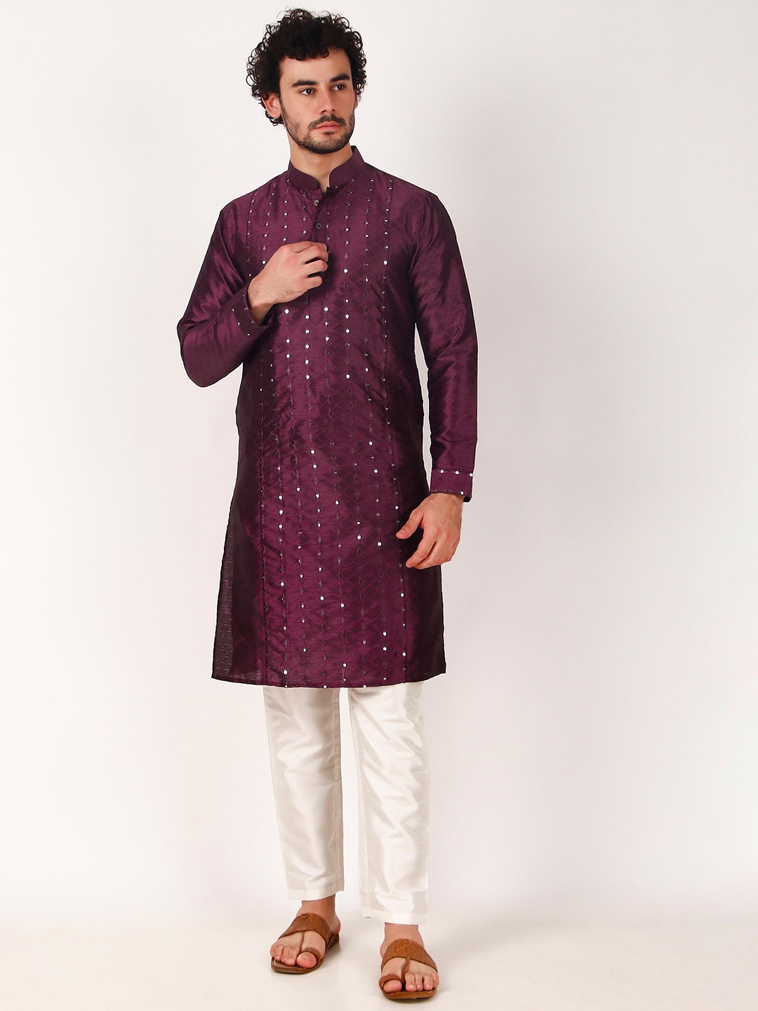 

Koshin Embroidered Mandarin Collar Regular Mirror Work Straight Kurta With Pyjamas, Purple