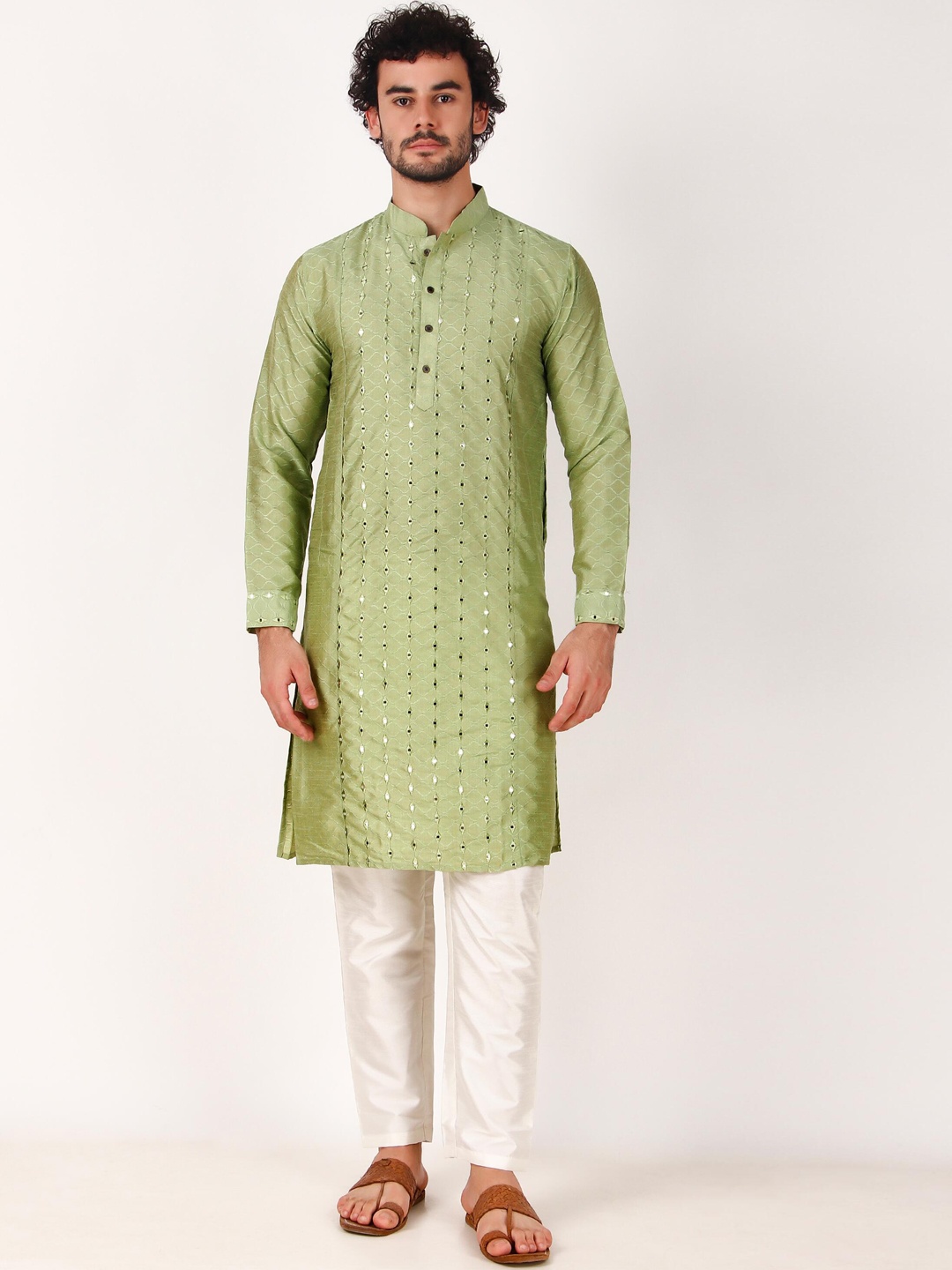 

Koshin Embroidered Mandarin Collar Regular Mirror Work Straight Kurta With Pyjamas, Fluorescent green