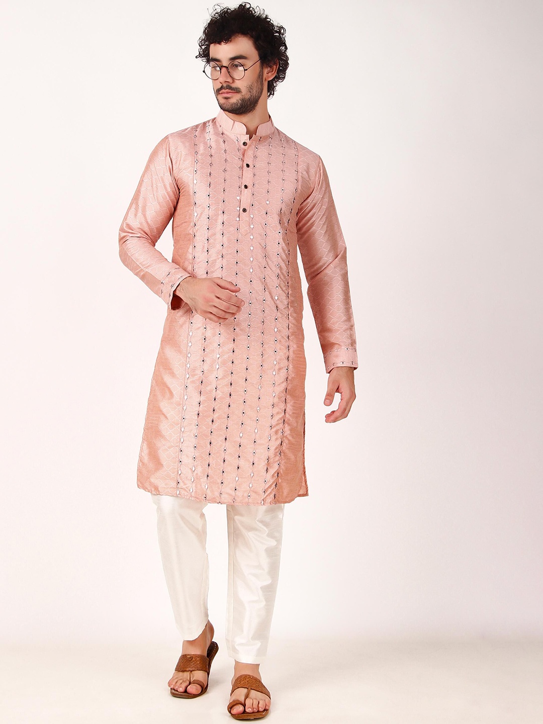 

Koshin Embroidered Mandarin Collar Regular Mirror Work Straight Kurta With Pyjamas, Pink