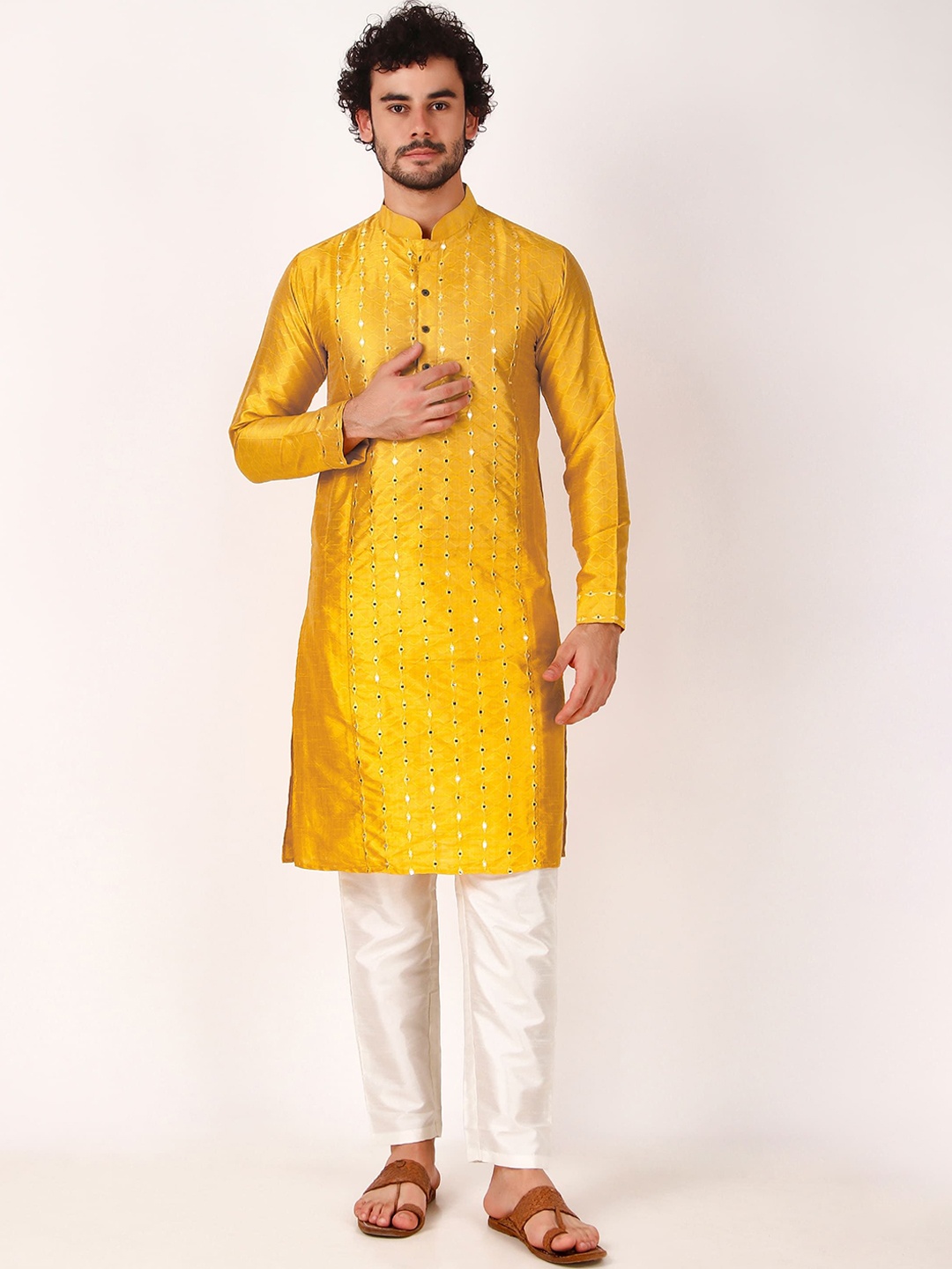 

Koshin Embroidered Mandarin Collar Regular Mirror Work Straight Kurta with Pyjamas, Yellow