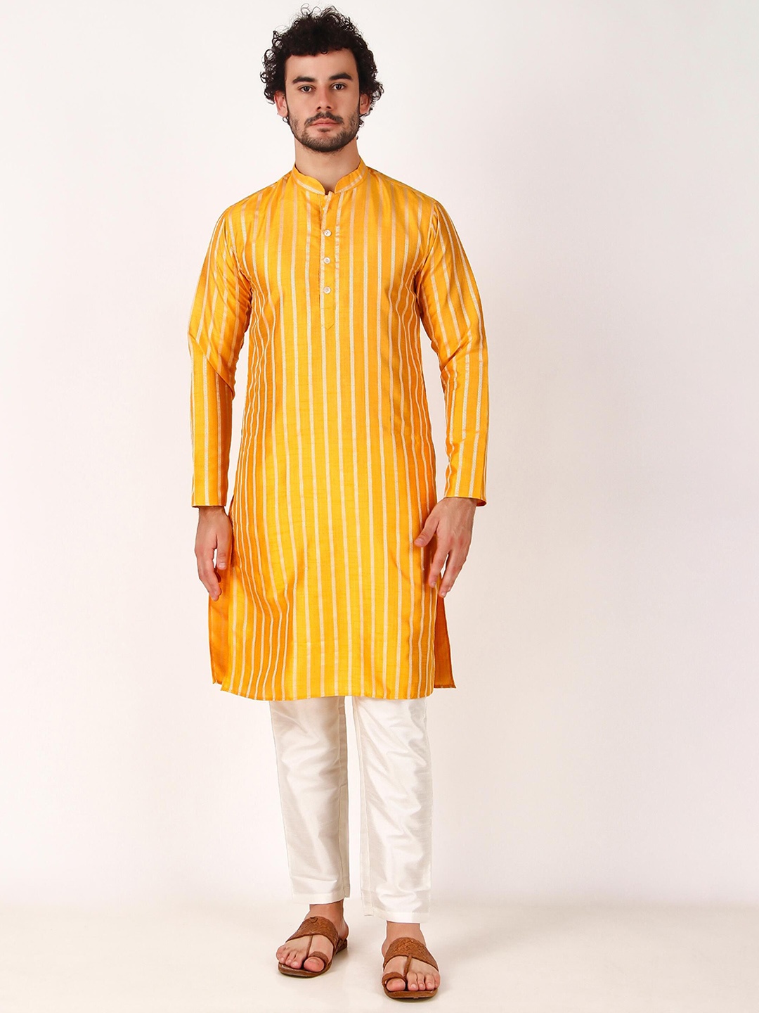 

Koshin Striped Mandarin Collar Regular Straight Kurta With Pyjamas, Yellow