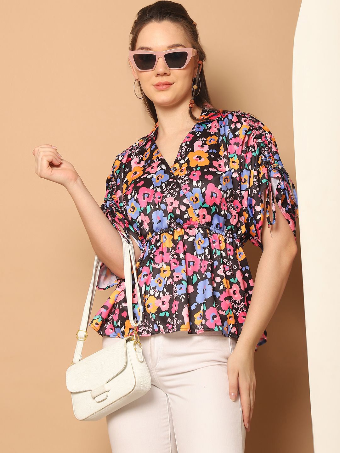 

Indian Needle Floral Print Mandarin Collar Extended Sleeves Top, Pink