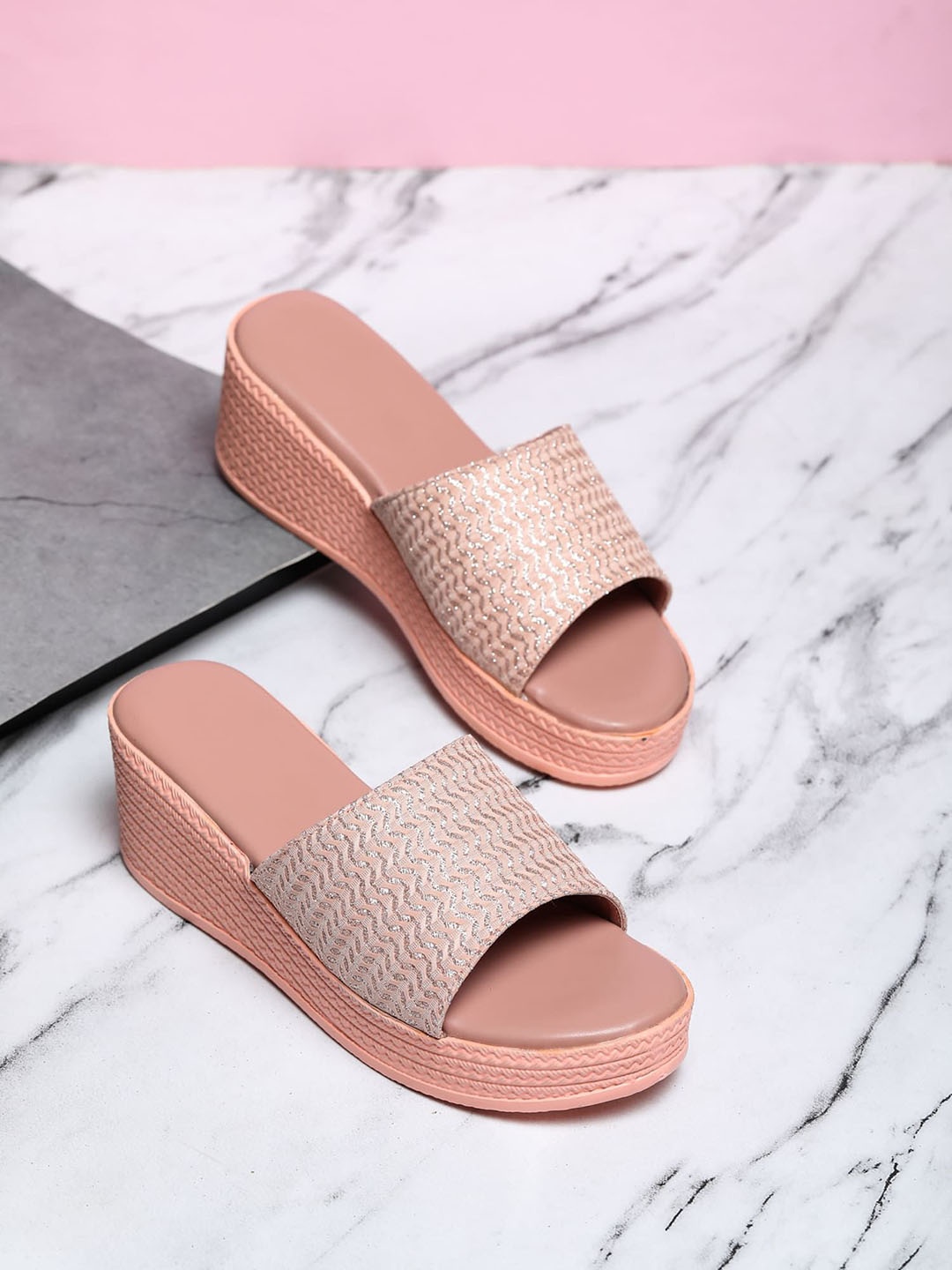 

FABBMATE Woven Design Embellished Wedge Heels, Pink