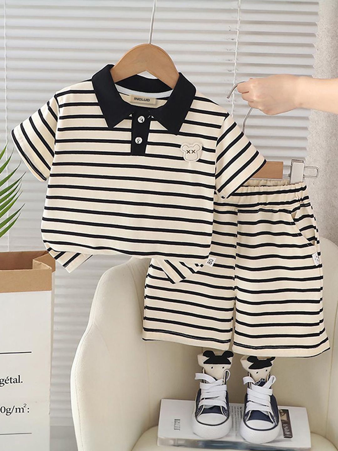 

INCLUD Boys Striped Polo Collar T-shirt With Short, Black