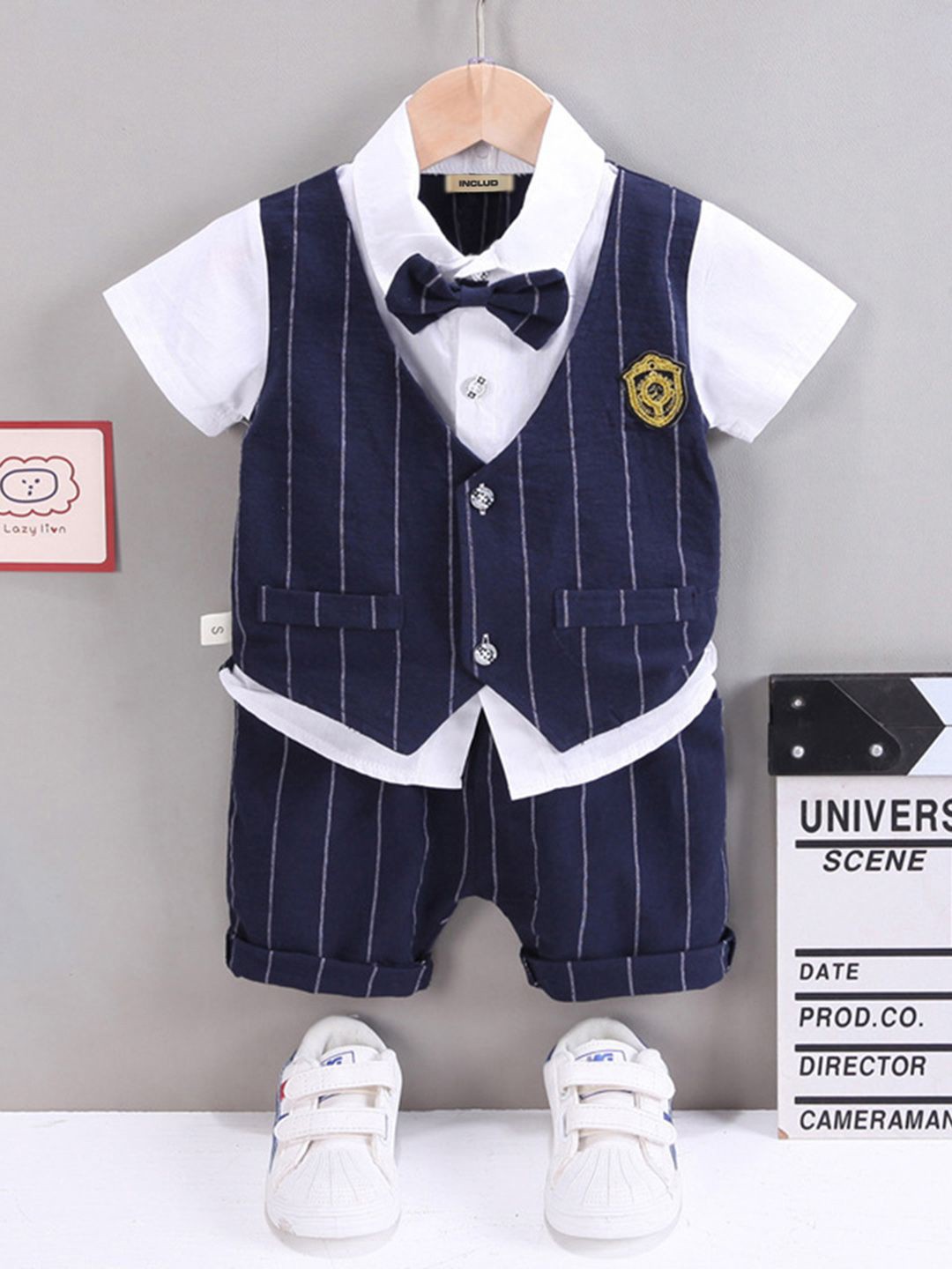 

INCLUD Boys Striped Waistcoat Shirt With Bow & Shorts, Navy blue