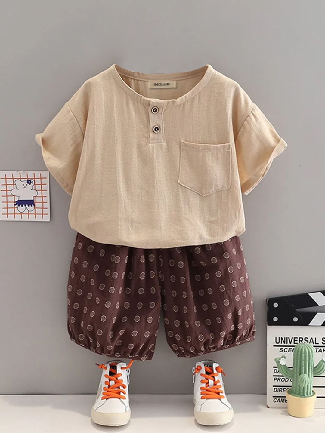 

INCLUD Boys Shirt With Shorts, Beige