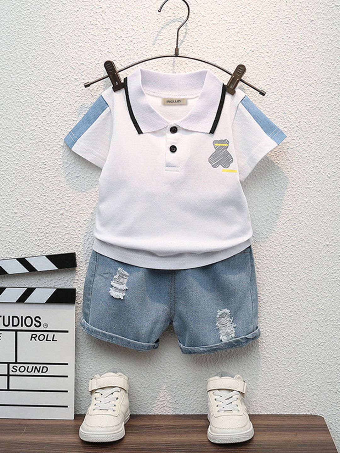 

INCLUD Boys Polo Collar T-shirt with Denim Shorts, White